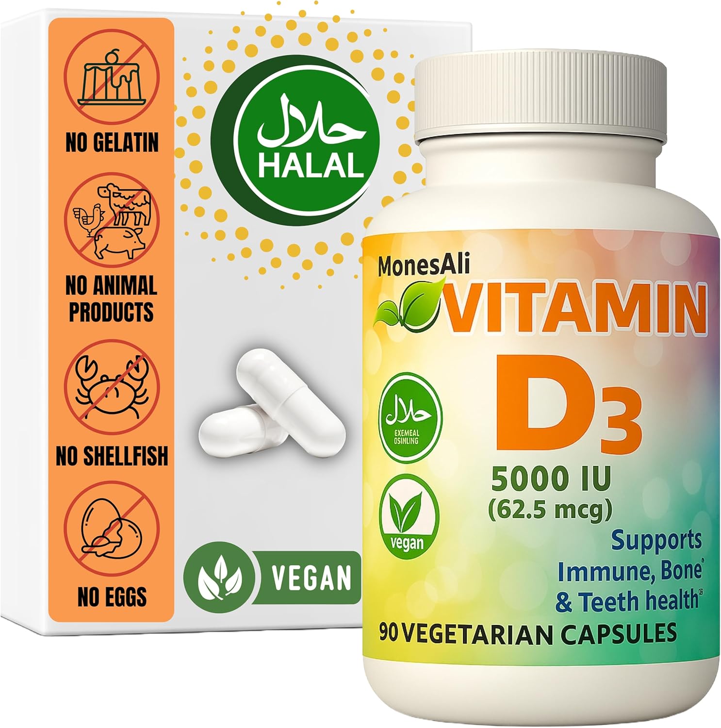 Halal Vitamin D, Vitamin D3, 2,500 IU Capsules, Supports Bone, Immune & Heart Health, Vegan, Non-GMO, Gluten Free and Halal (90 Count)