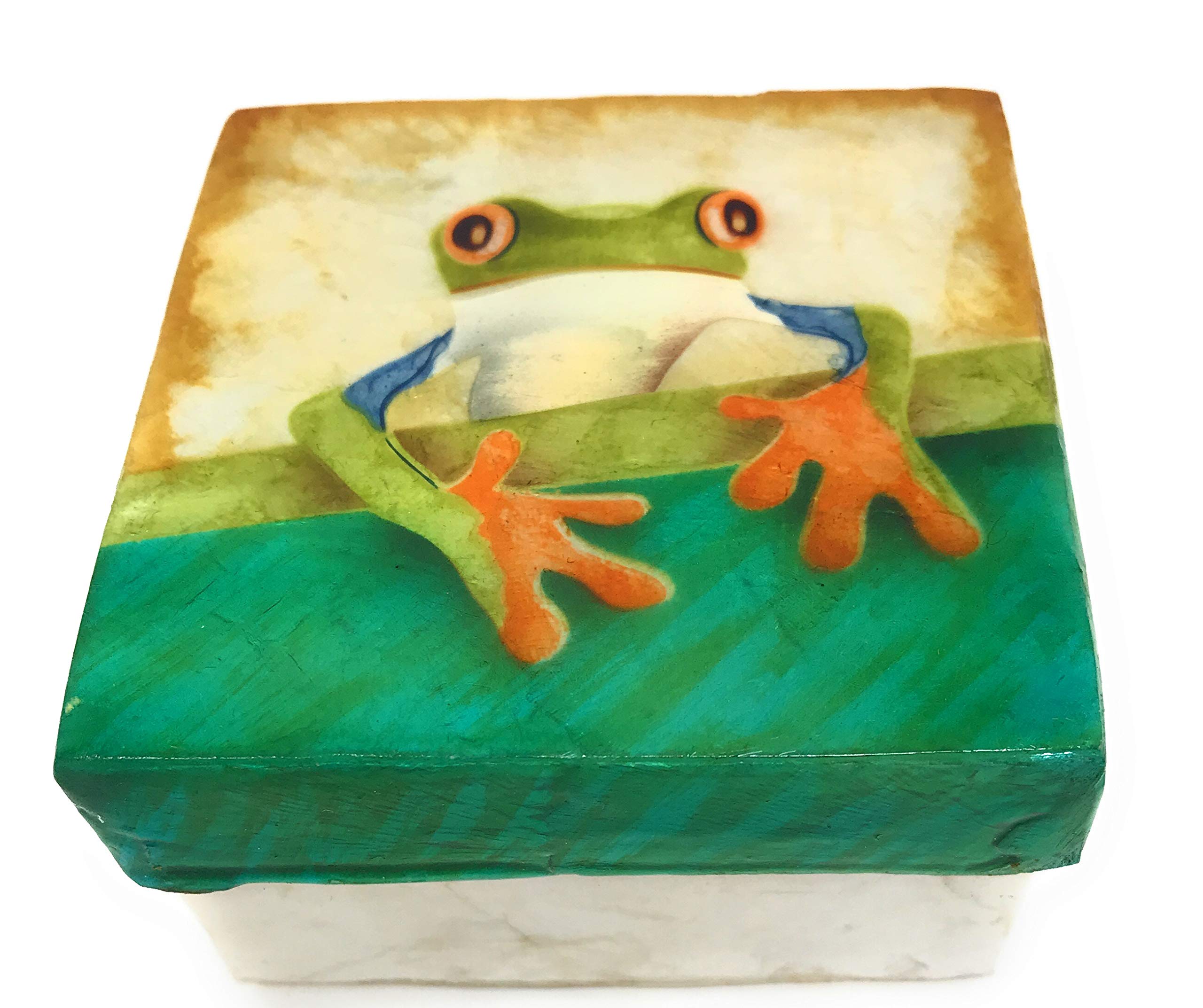 Kubla rzemiosło drzewo żaba capiz muszla pudełko pamiątkowe 7 x 3 7,6 cm szer. x 7,6 cm szer. x 3,8 cm T zielony, niebieski, pomarańczowy, kremowy
