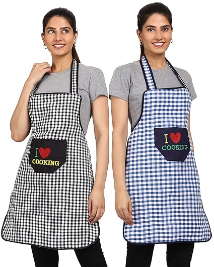 JMi Cotton Checkered Design Waterproof Apron with Multipurpose Front Large Embroidered Pocket Pack of 2