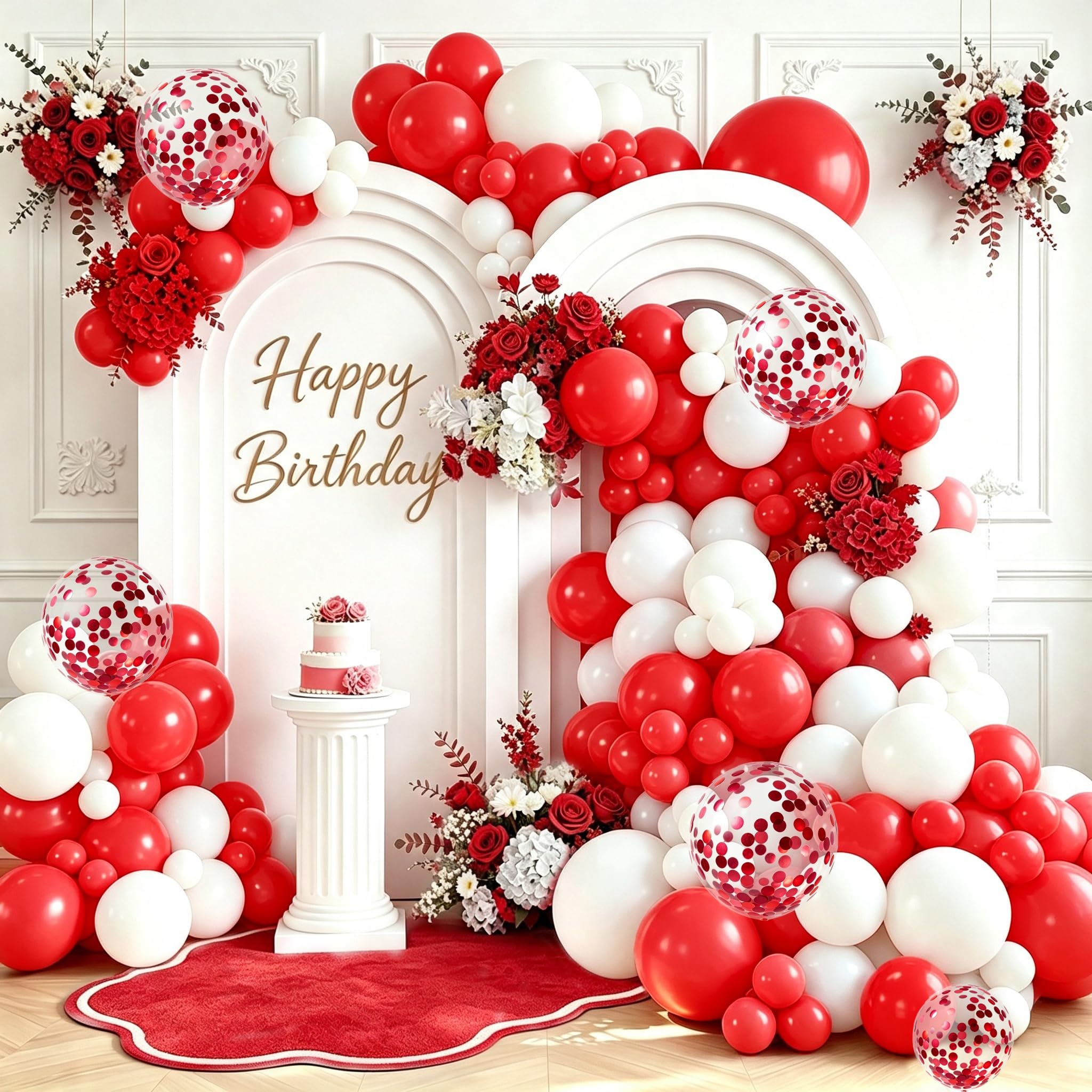 Red White Balloon Arch, 130Pcs Red and White Confetti Latex Balloon Garland
