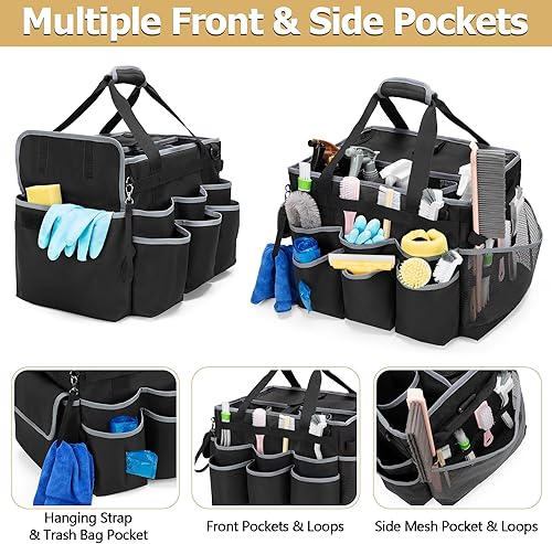 Miniatura 3 de Organizador de limpieza grande con carrito desmontable y correa para el hombro, bolsa de suministros de limpieza con asas y placas de soporte,