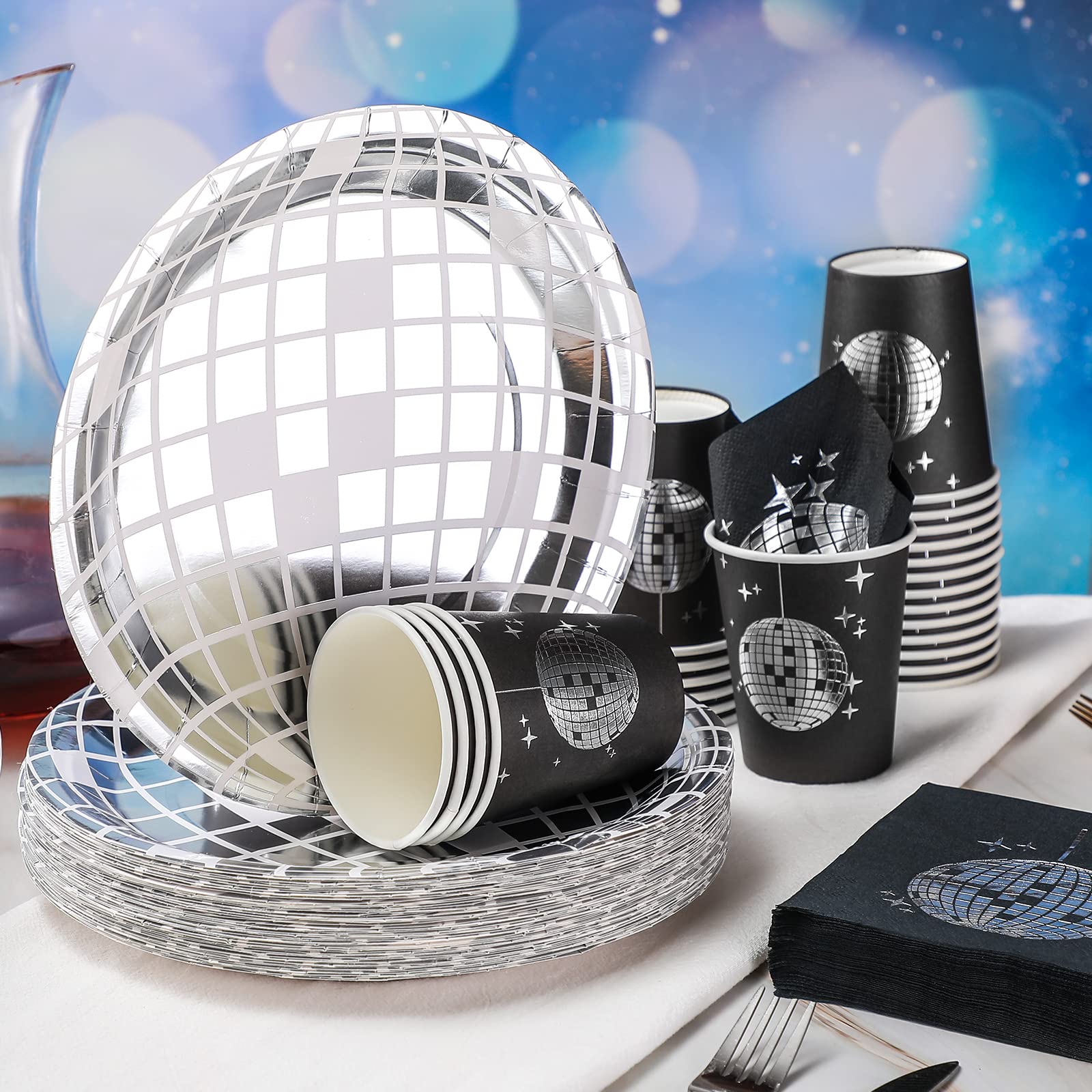 Gerrii 150 Pcs 70s Disco Party Supplies Silver Disco Ball Paper Dinner Plates, Black Paper Cups, Cocktail Napkins for Wedding Picnic Travel (Black and Silver)