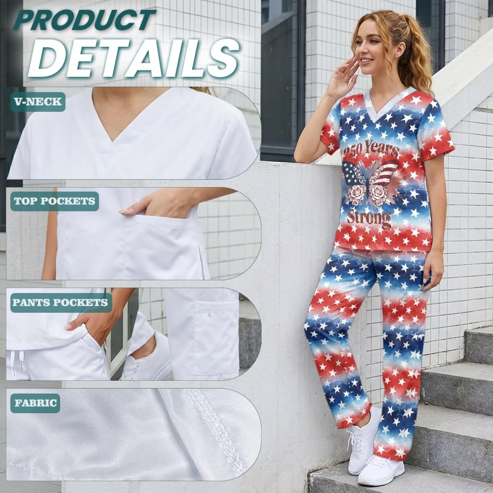 USA 250-letni damski zestaw peelingów czerwony, biały i niebieski top i spodnie patriotyczne, peelingi plus size dla kobiet, akcesoria do asystentów medycznych