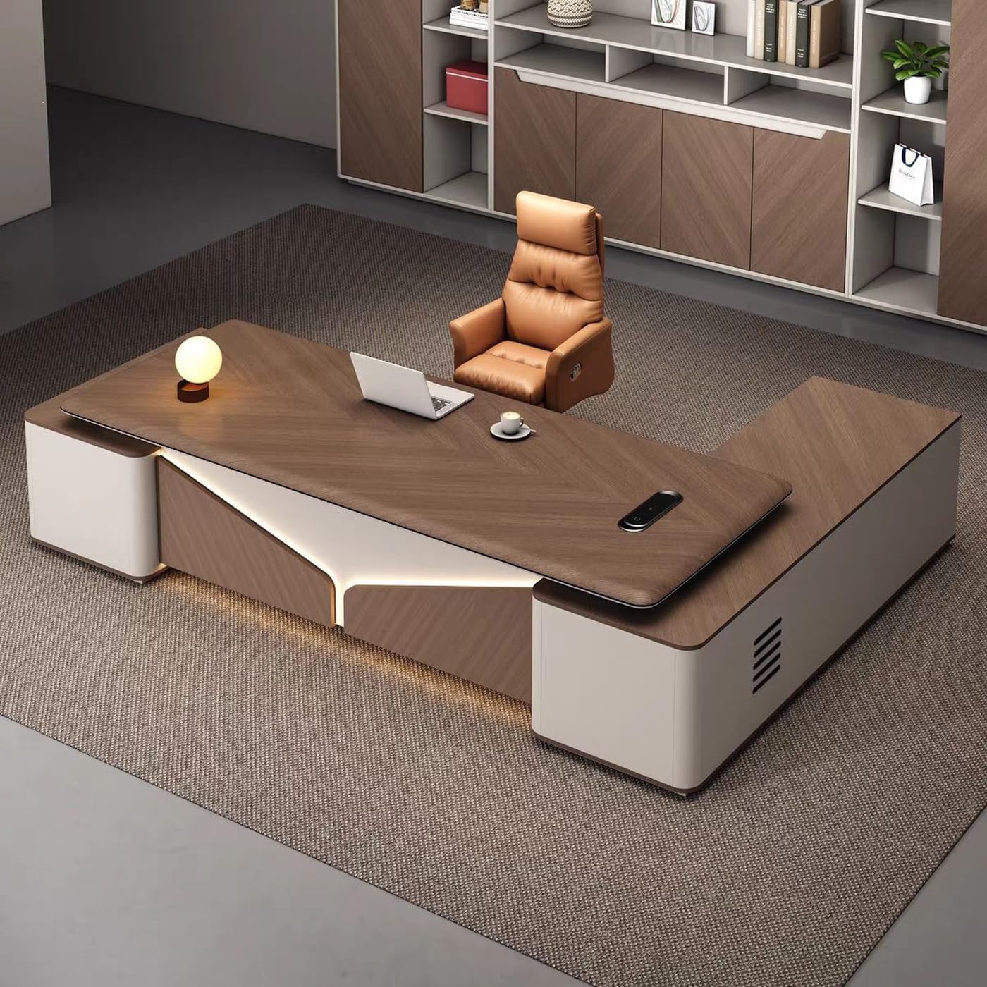 DUWEIKE L Shaped Executive Desk with Storage, Modern Professional Administrative Computer Desk with Power Outlet & Storage Shelves, Wood Writing Table Workstation,2.4m