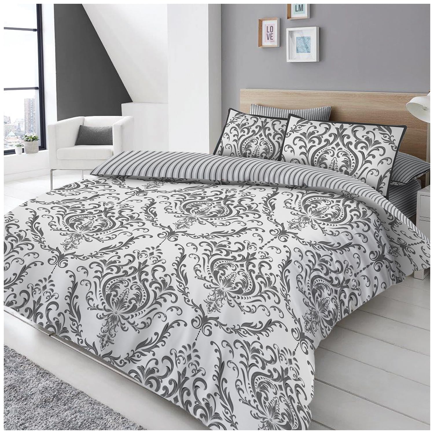 GC GAVENO CAVAILIA Polycotton Damask Double Duvet Quilt Cover, Charcoal