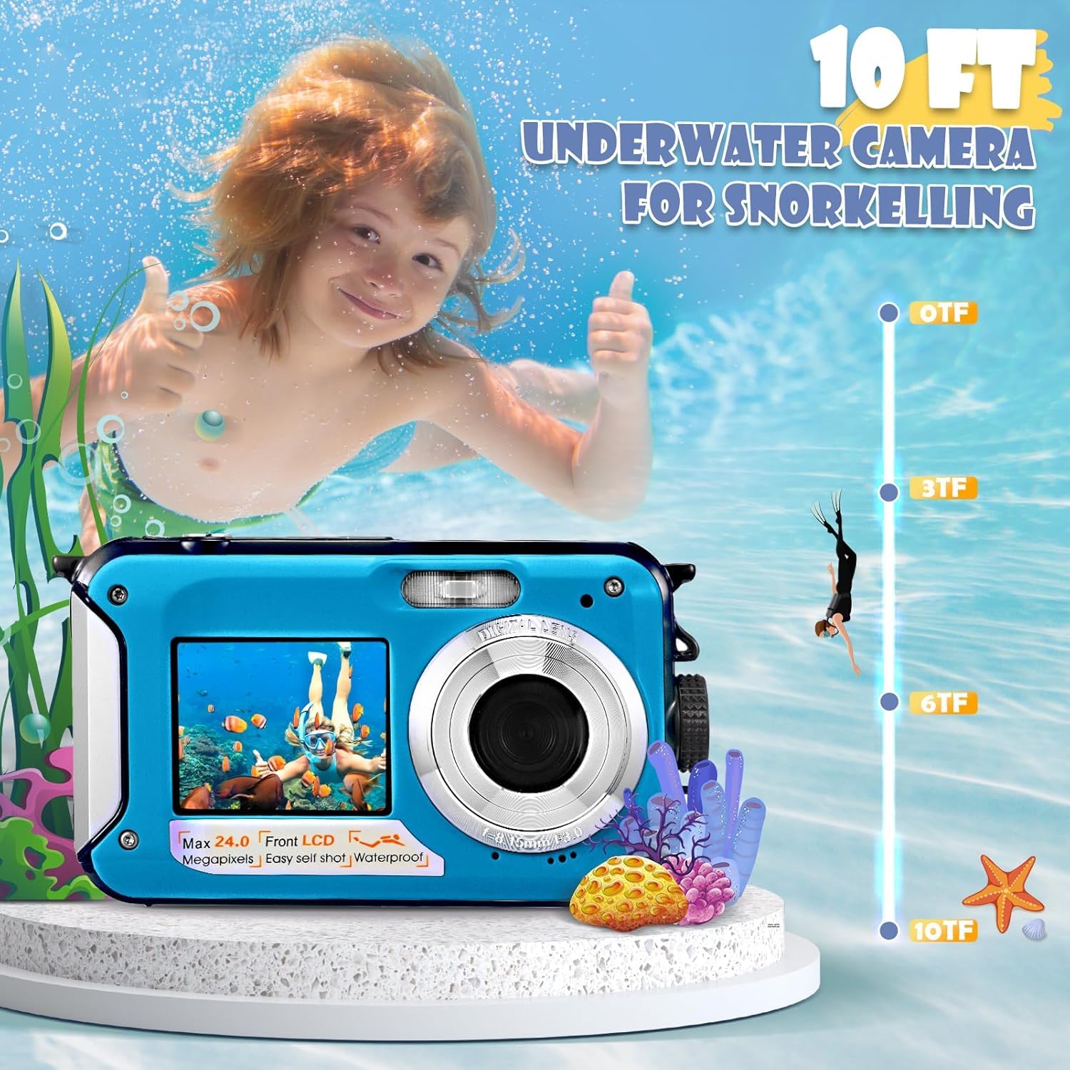 Cámara Digital Impermeable,Couleeur Full HD 2.7K 48MP Doble Pantalla Anti-Shake con micrófono LED Disparador automático y Zoom Digital 16X para niños Adolescentes (Azul)