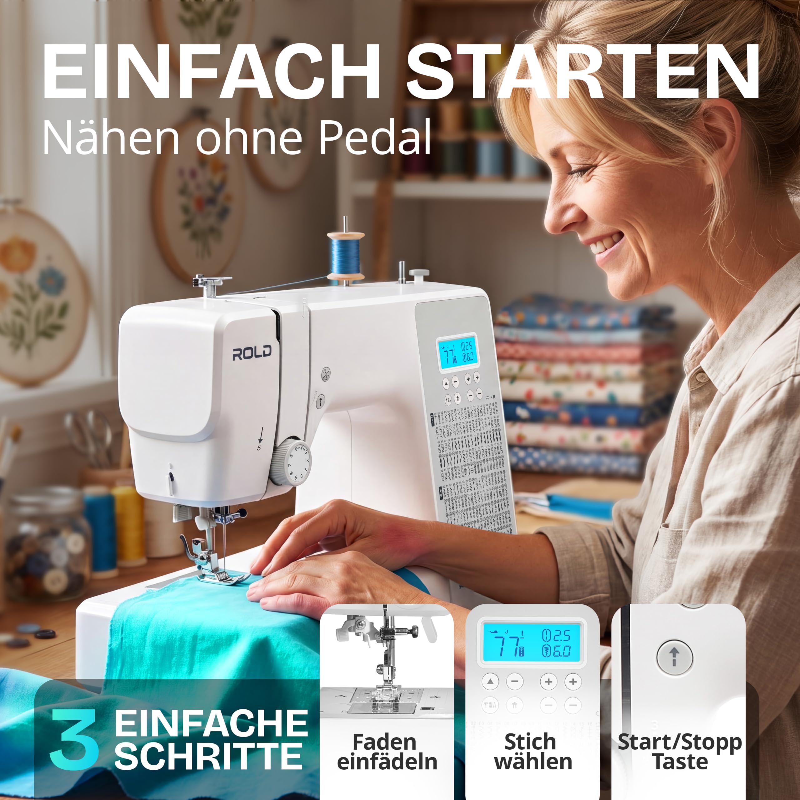 ROLD S500 Computer Nähmaschine mit 300 Stichen zum Nähen aller Arten von Stoffen | Freiarm Computer-Nähmaschinen, Einfädelautomatik (Neues Modell)