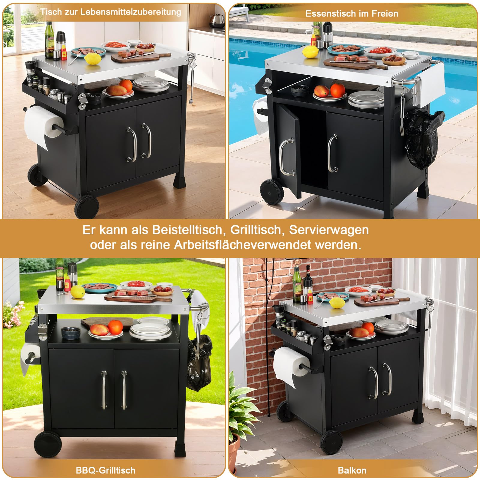 LIFERUN Carrito para Barbacoa Inoxidable,Carro de Barbacoa con Armario 2 Ruedas Ganchos,Carrito de Servicio Exterior,Mesa Auxiliar BBQ,Carro Cocina Superficie Trabajo Tnox,Picnic Fiesta Jardín Camping