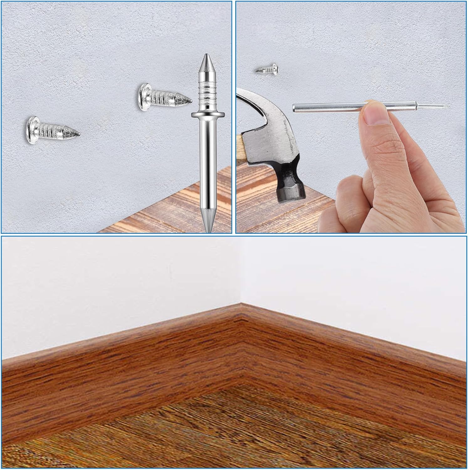 simarro 200 Pcs Double-Headed Nails Solid Wood Seamless, Nails Skirting Board Two-Way Nails, Skirting Thread Seamless Nail, Invisible Screw and Tool Set, Markless Stud Nails with Socket Tool