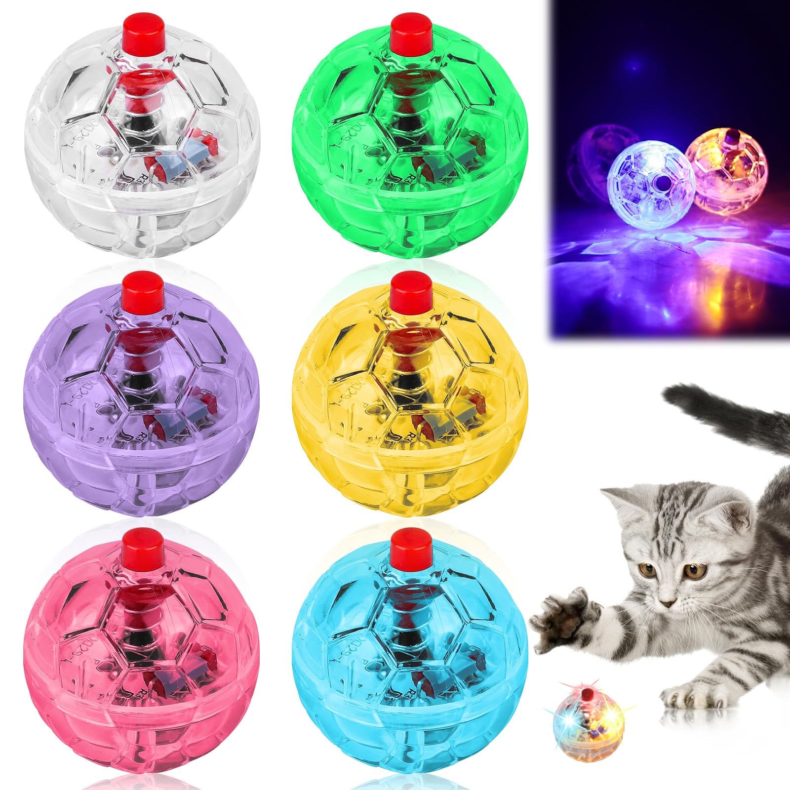 Leikurvo 6 Pack Cat Ball with LED Light, Flashing Cat Toy Movement Balls, Interactive Kitten Ball Toy, Paranormal Equipment (Pink, Blue, Purple, Yellow, Green, Transparent)