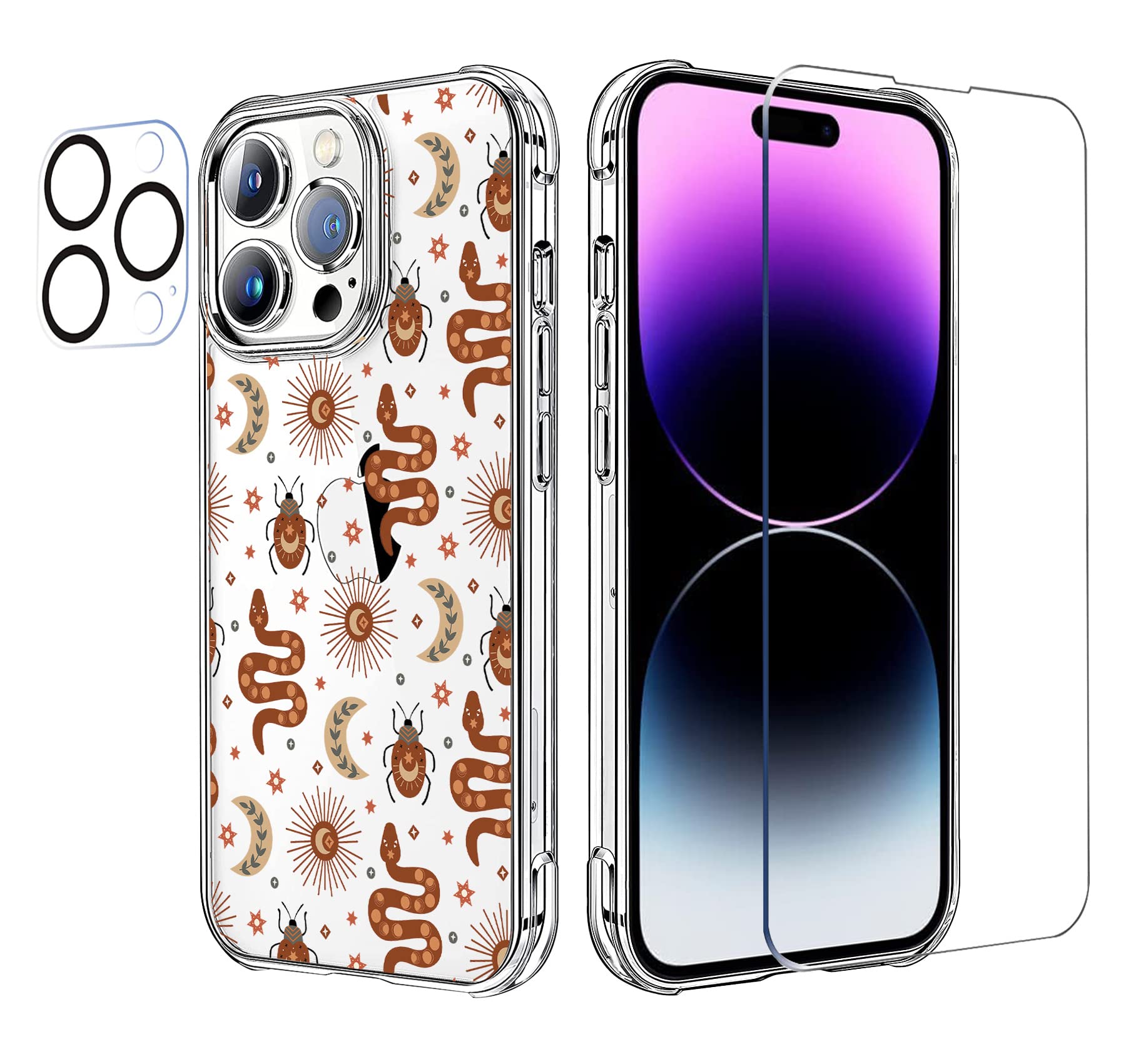 HEYORUN Sun Moon Snake Cartoon Case Compatible for iPhone 14 Pro Max, with Screen Protector and Camera Lens Protector, Cute Clear Back Case, Transparent Soft TPU Bumper Shockproof Protective Cover