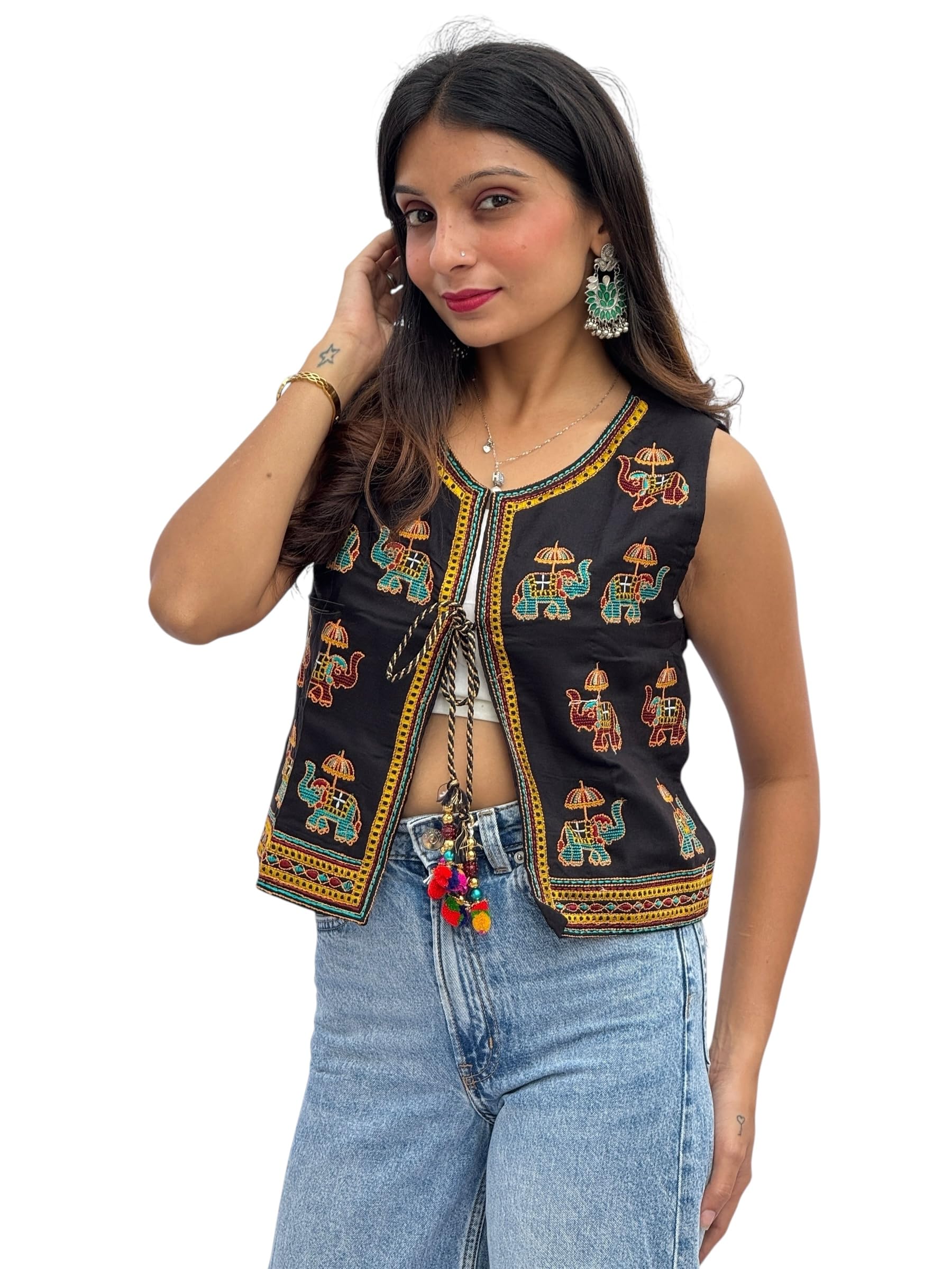 odhan Women's Black Embroidered Elephant Print Koti Jacket, Sleeveless, Ethnic Rajasthani Style, Tassel Tie-Up-picture-11