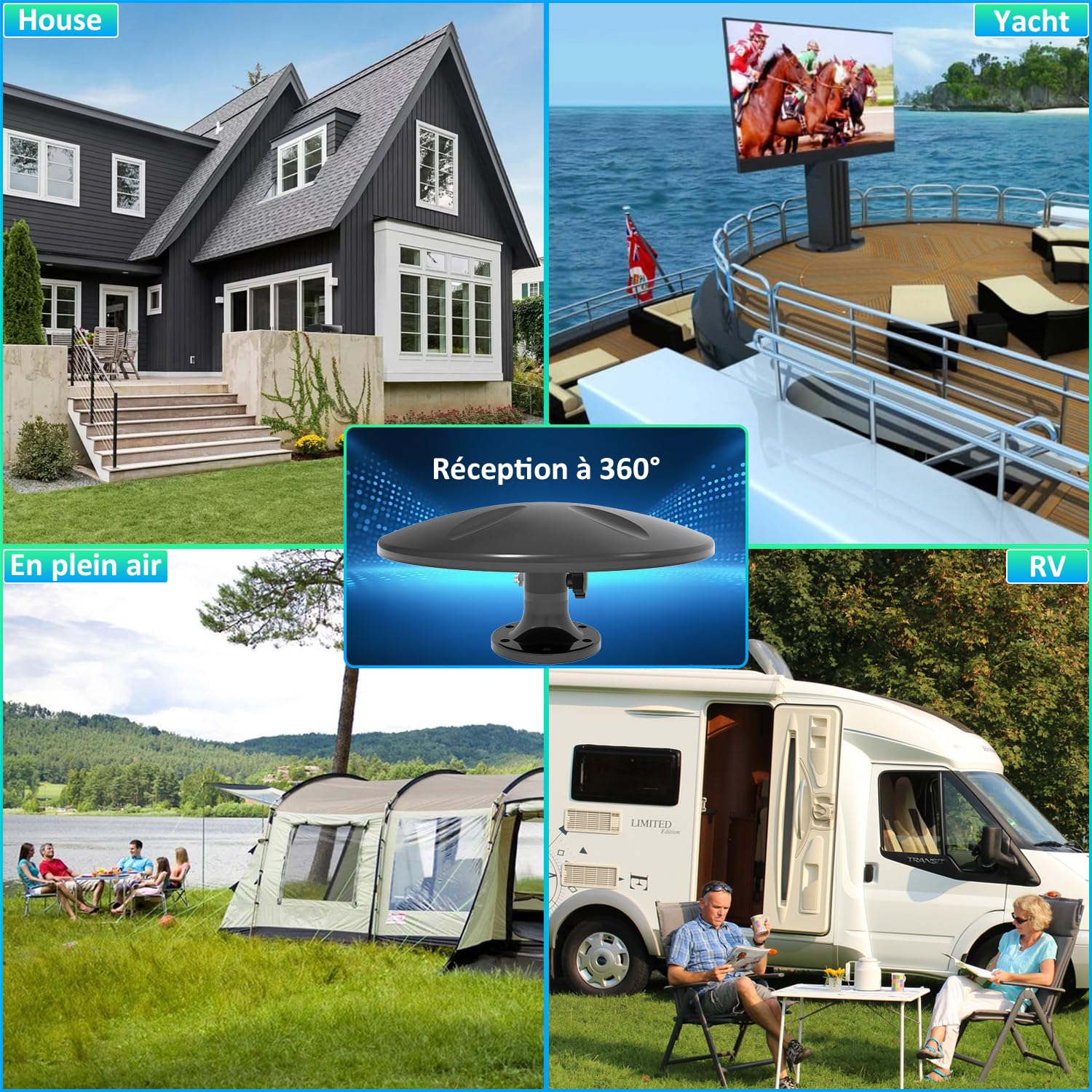 Antenne TV Exterieure avec Amplificateur de Signal Intelligent, Antenne TV Exterieure Puissante Omnidirectionnelle Terrestre TNT HD DVB-T/T2 pour Camping Car, Caravane, Fourgon, Camion, Bateau, Noir