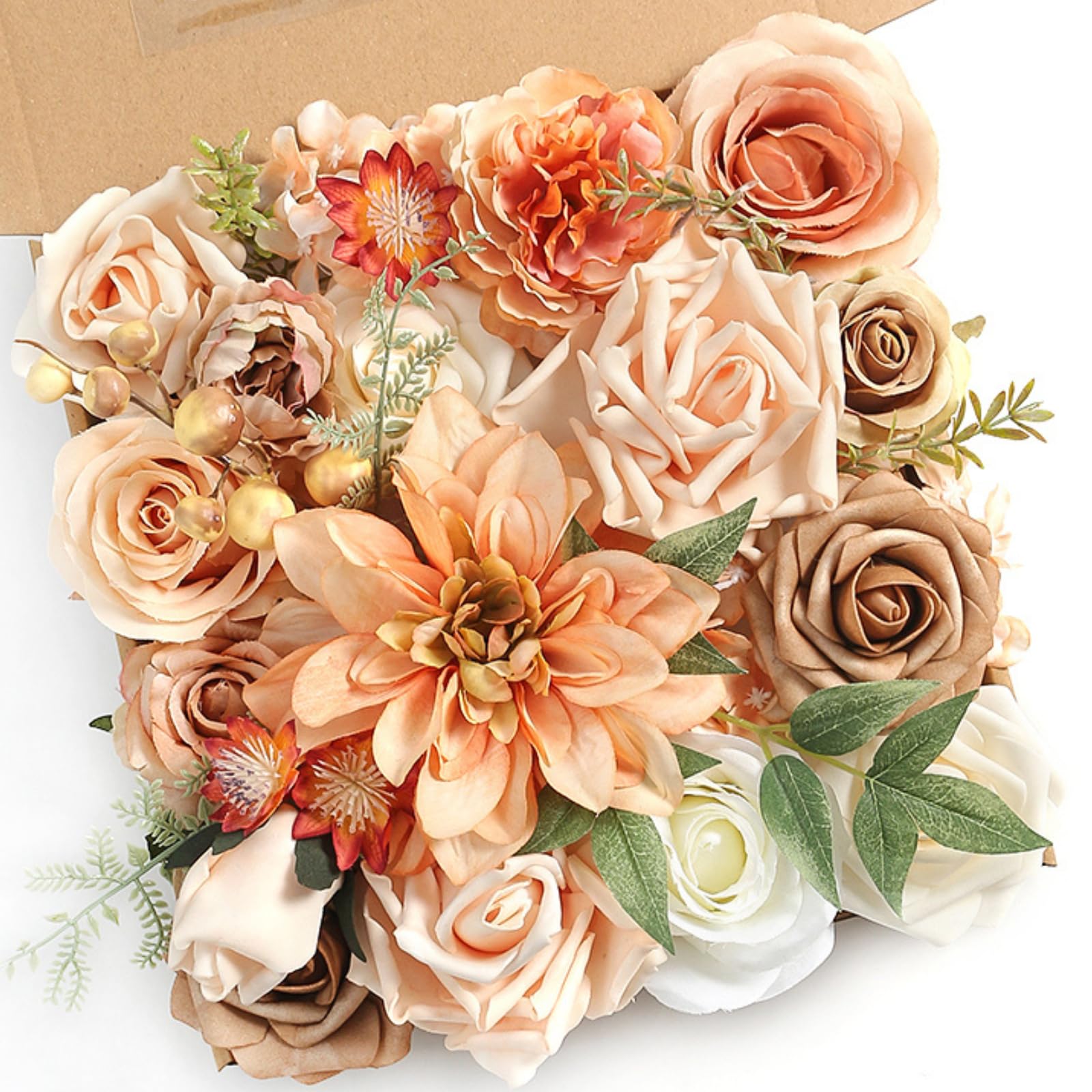ASTRYAS 39Pcs Artificial Flowers and Greenery Combo Box Set for DIY Coral & Orange Wedding Bouquet Centerpieces Floral Arrangement Decor for Garden Cake Wreath Home Decor