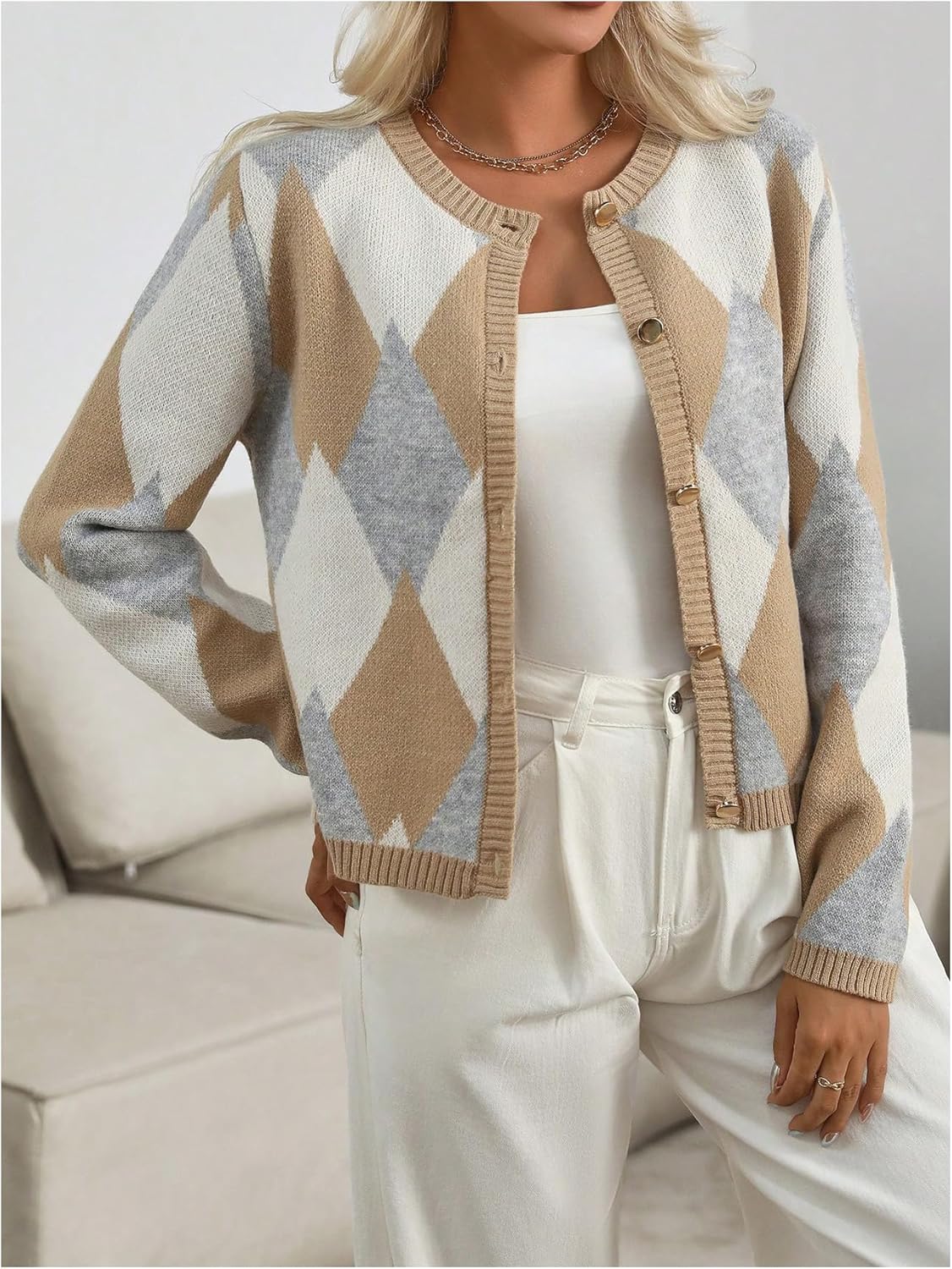 GORGLITTER Women's Argyle Plaid Cardigan Button Up Crewneck Long Sleeve Cropped Knitwear Fall Trendy 2025 Sweater - Image 2