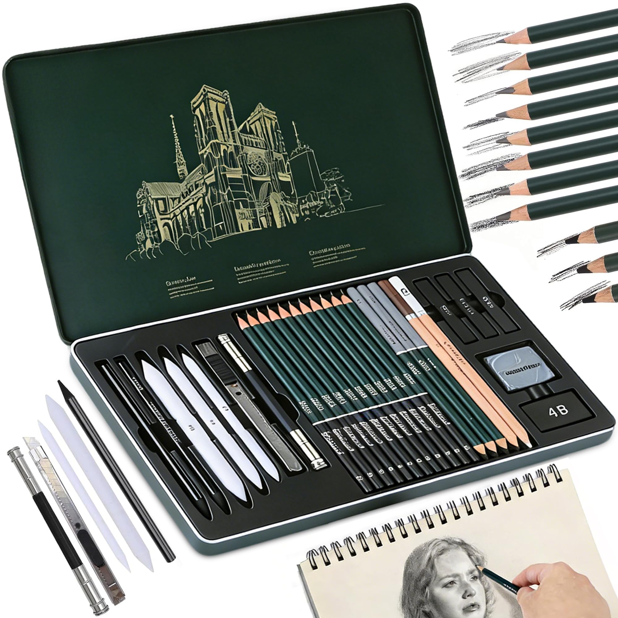 27 Pcs Kit Dessin Professionnel, Crayons à Dessin Professionnels, Kit de Dessin Complet, Crayons à Croquis, avec Crayon Graphite, Pour Debutant ou Professionnel