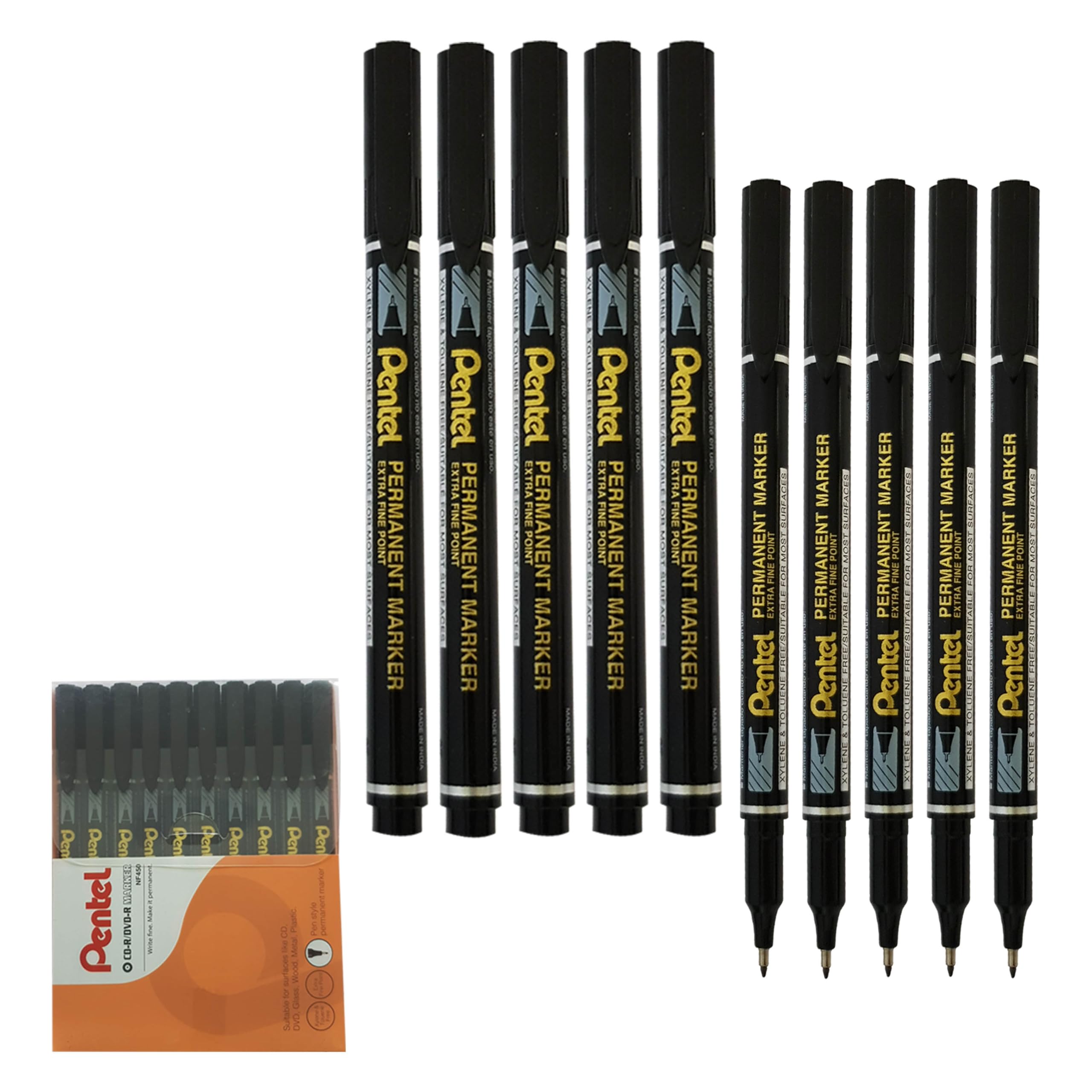 Pentel NF450 Pen-Style Permanent Marker Pens, Extra Fine Tip, BLACK, Pack of 10, Write-4-All CD/DVD Markers