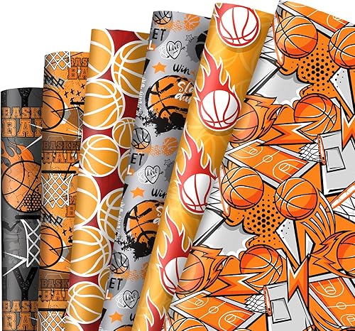 AnyDesign - 12 hojas de papel de regalo de baloncesto con temática de pelota deportiva, papel de envoltura de regalo plegable a granel, papel de