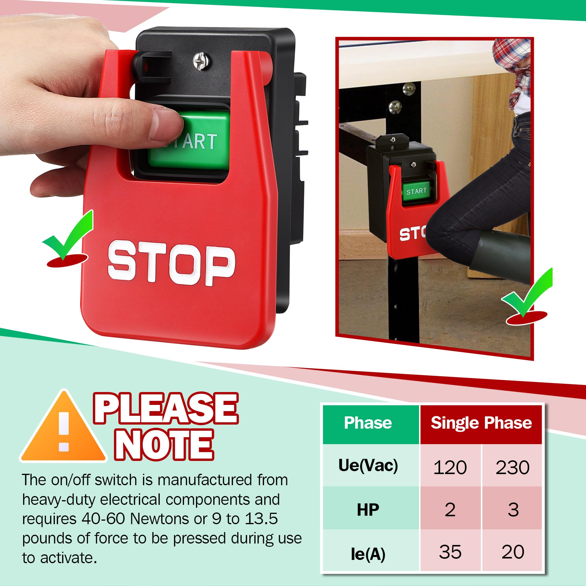 Dreyoo Interruttore on/off monofase da 120/230 V, interruttore on/off efficiente da 120 V 2 HP, interruttori di alimentazione di sicurezza con grande segnale di arresto a pagaia facile contatto per