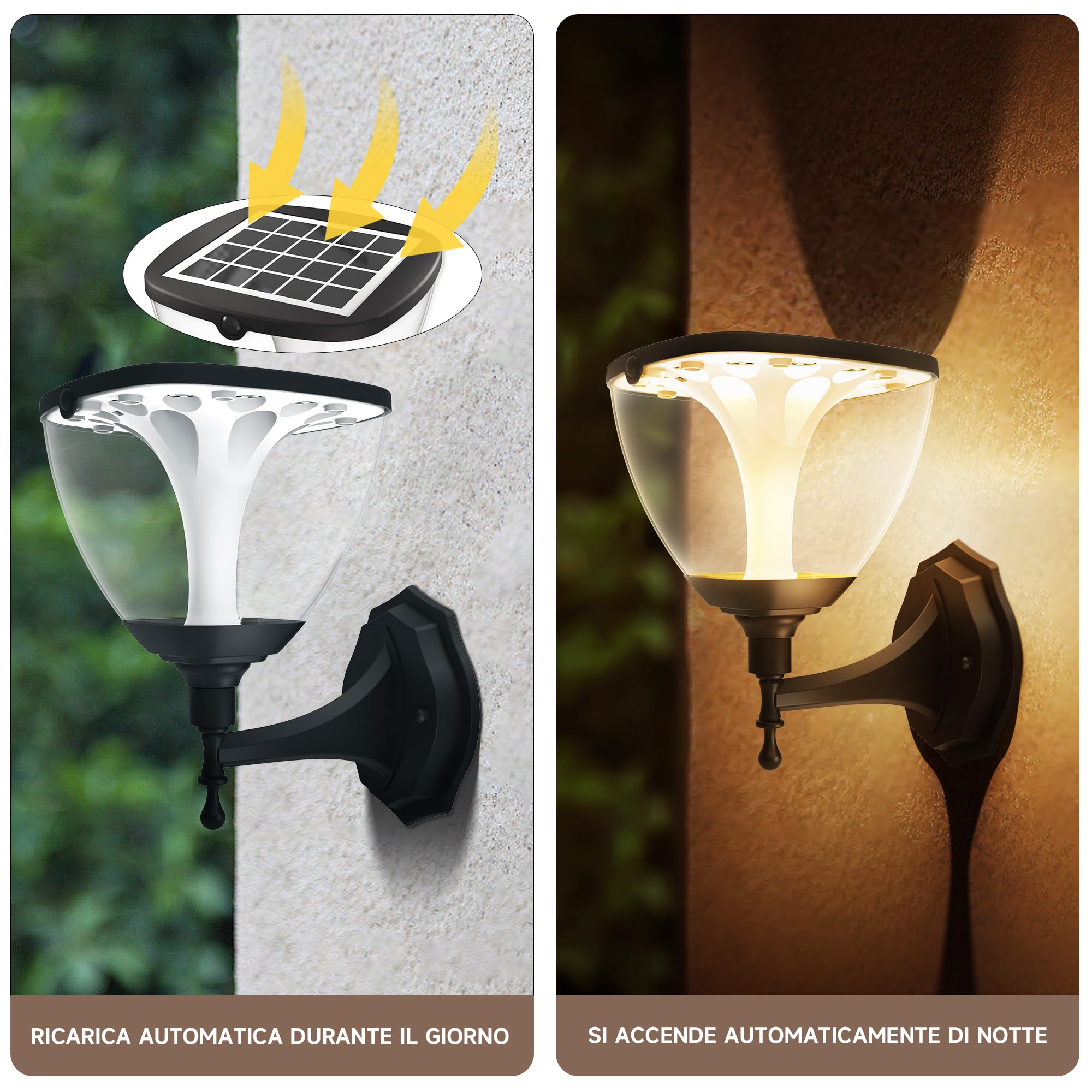 duowelly Applique Solare da Esterno con 3 modalità,Lampade da parete a energia solare da giardino,Lampade da parete per esterni Waterproof IP65 per Patio, Cortile,Vialetto,Percorso,Alluminio(2Pack)