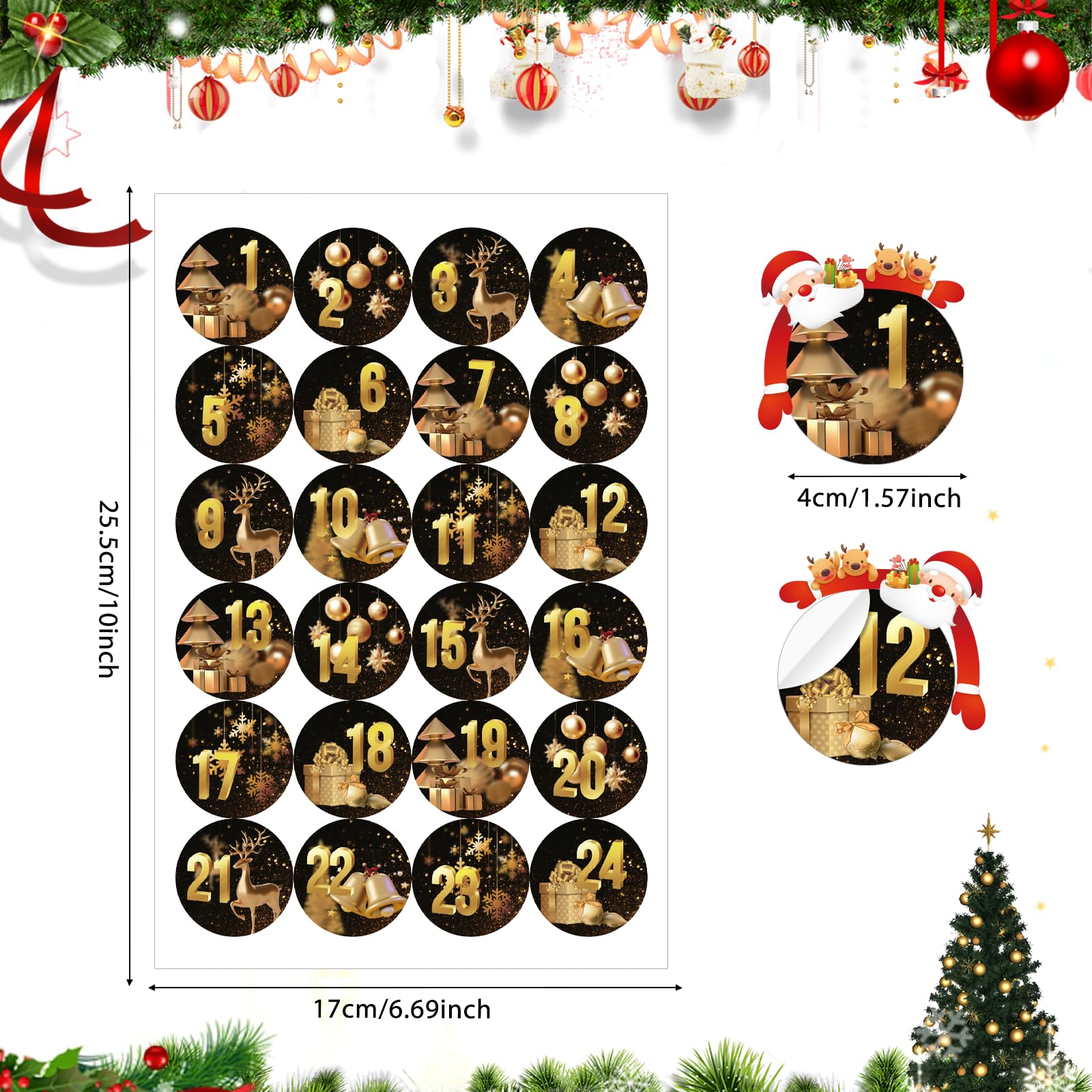 Lot De 10 Autocollants Calendrier De L'Avent - 24 Chiffres Ronds Par Set (1 à 24), Diamètre 4,5cm - Pour DIY Décorations Noël, Cadeaux, Emballages - 3