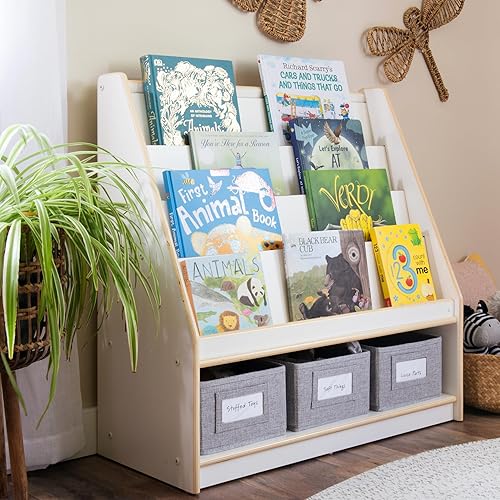 Guidecraft EdQ - Estantería blanca con 3 contenedores de almacenamiento estantería de madera para niños y organizador de almacenamiento de juguetes