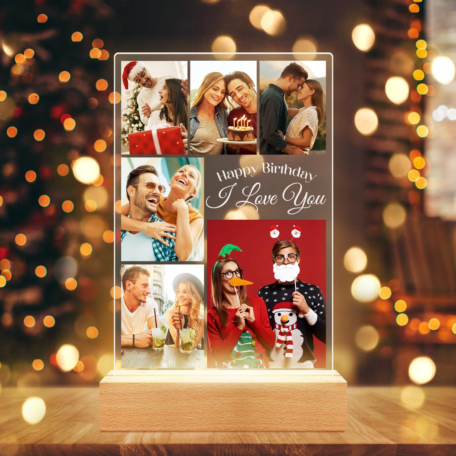 Personalised Photo Picture Frame with Photos, Custom Acrylic Plaque Photo Frame with Night Light, Personalised Anniversary Couple Gifts for Women Men Him Her Boyfriend Girlfriend