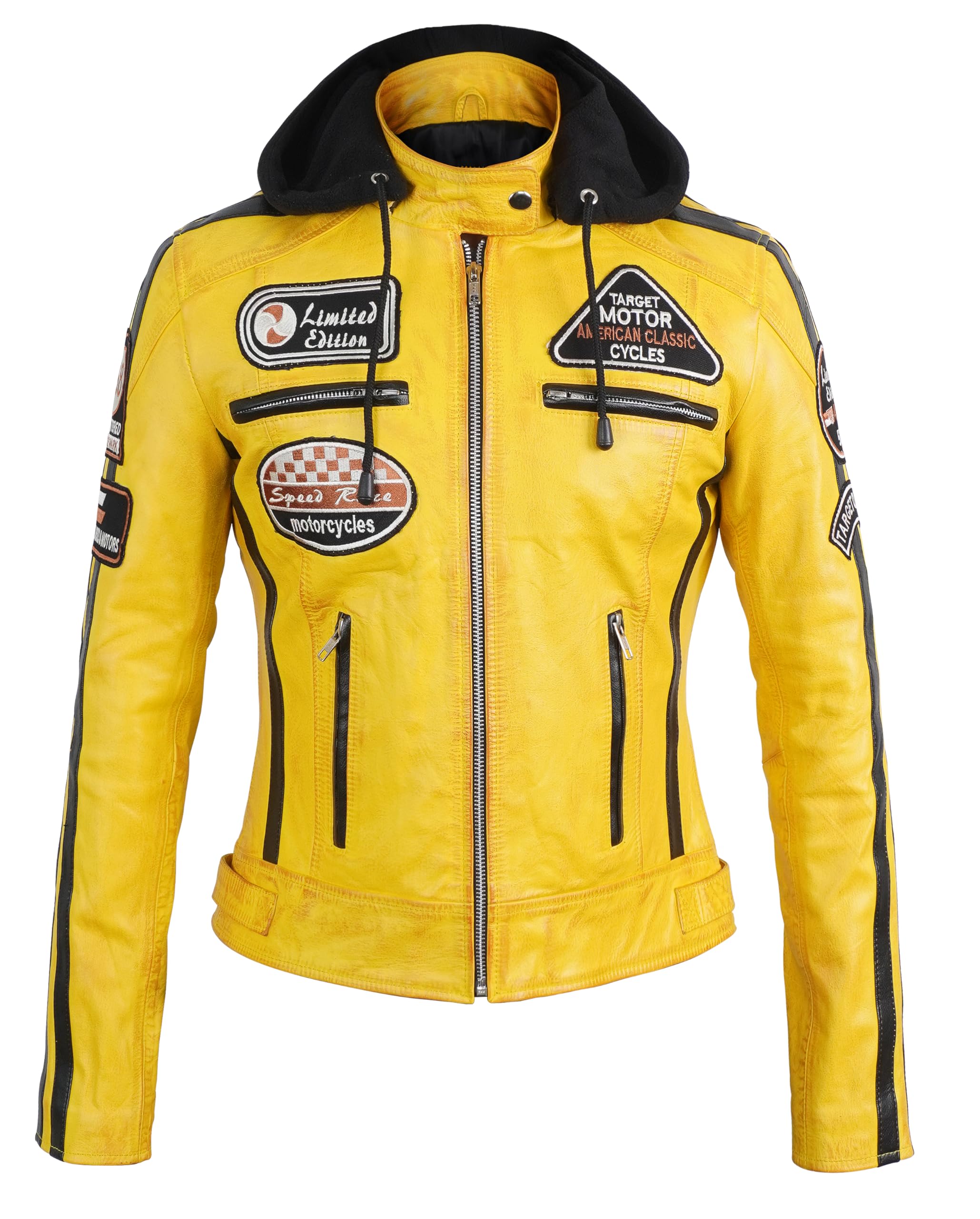 LP-FACON Women Vintage Badges Cafe Racer Hooded Biker Jacket