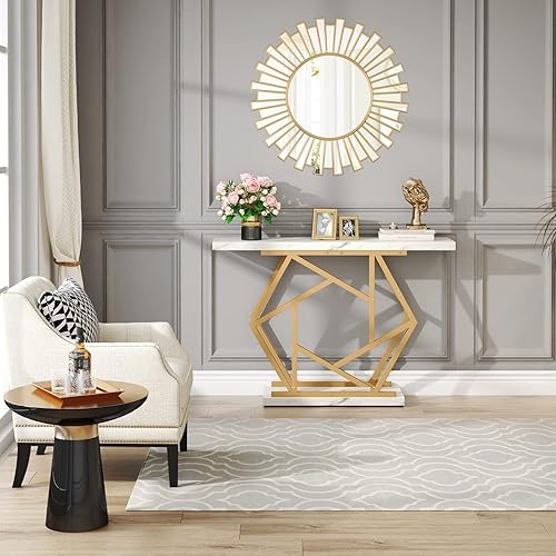 Miniatura 9 de Tribesigns Mesa consola moderna con base de metal dorado mesa de sofá de entrada de 47 pulgadas de largo mesa de acento geométrico contemporáneo con