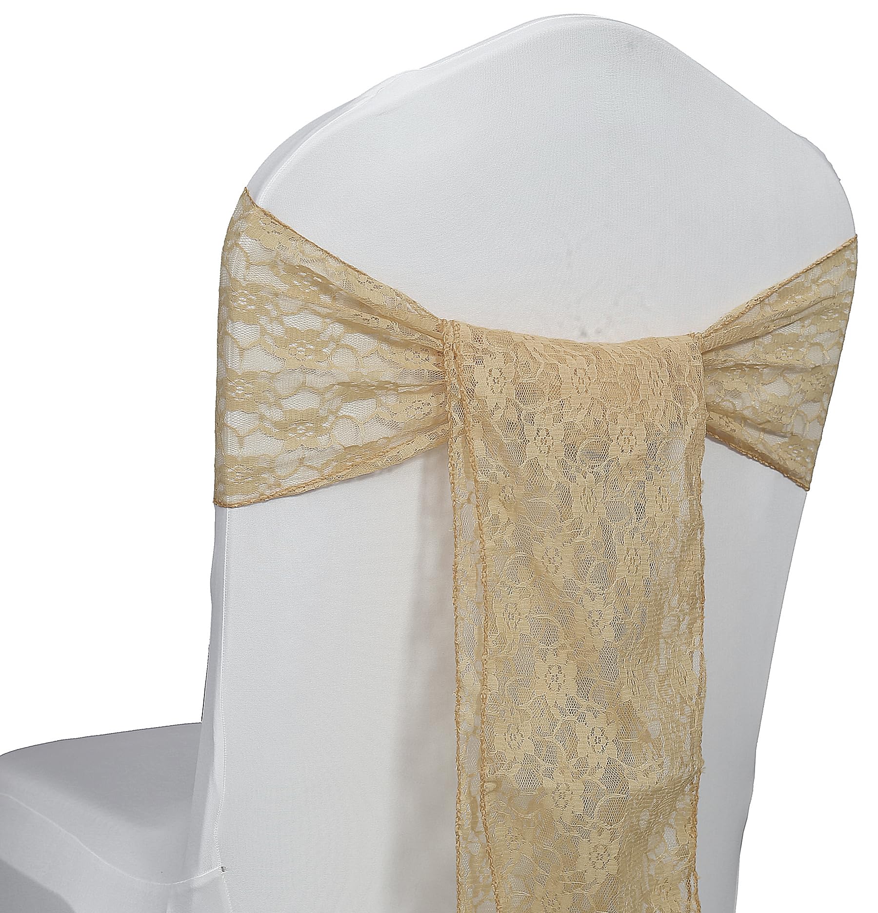 MDS Pack of 125 Vintage Lace Chair Bow Sashes for Wedding Events Supplies, Decorations for Birthday Parties, Baby Shower,Rustic Floral lace Chair Tie Backs sash Table Decorations - Champagne Gold