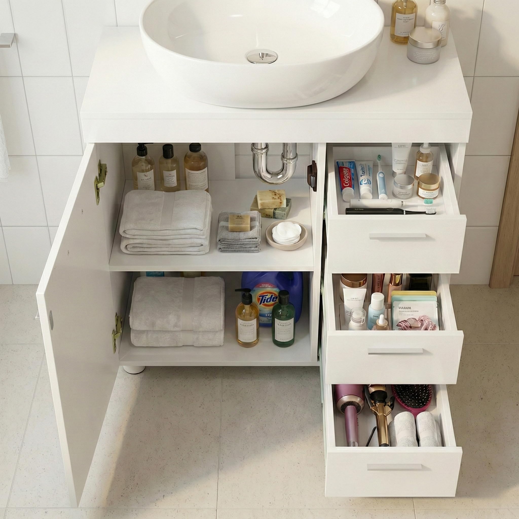 Mobile sottolavabo con 3 cassetti, 2 scomparti dietro la porta, piedi, mobiletto piccolo con ripiano regolabile, mobile da bagno, in legno, per bagno, cucina, bianco