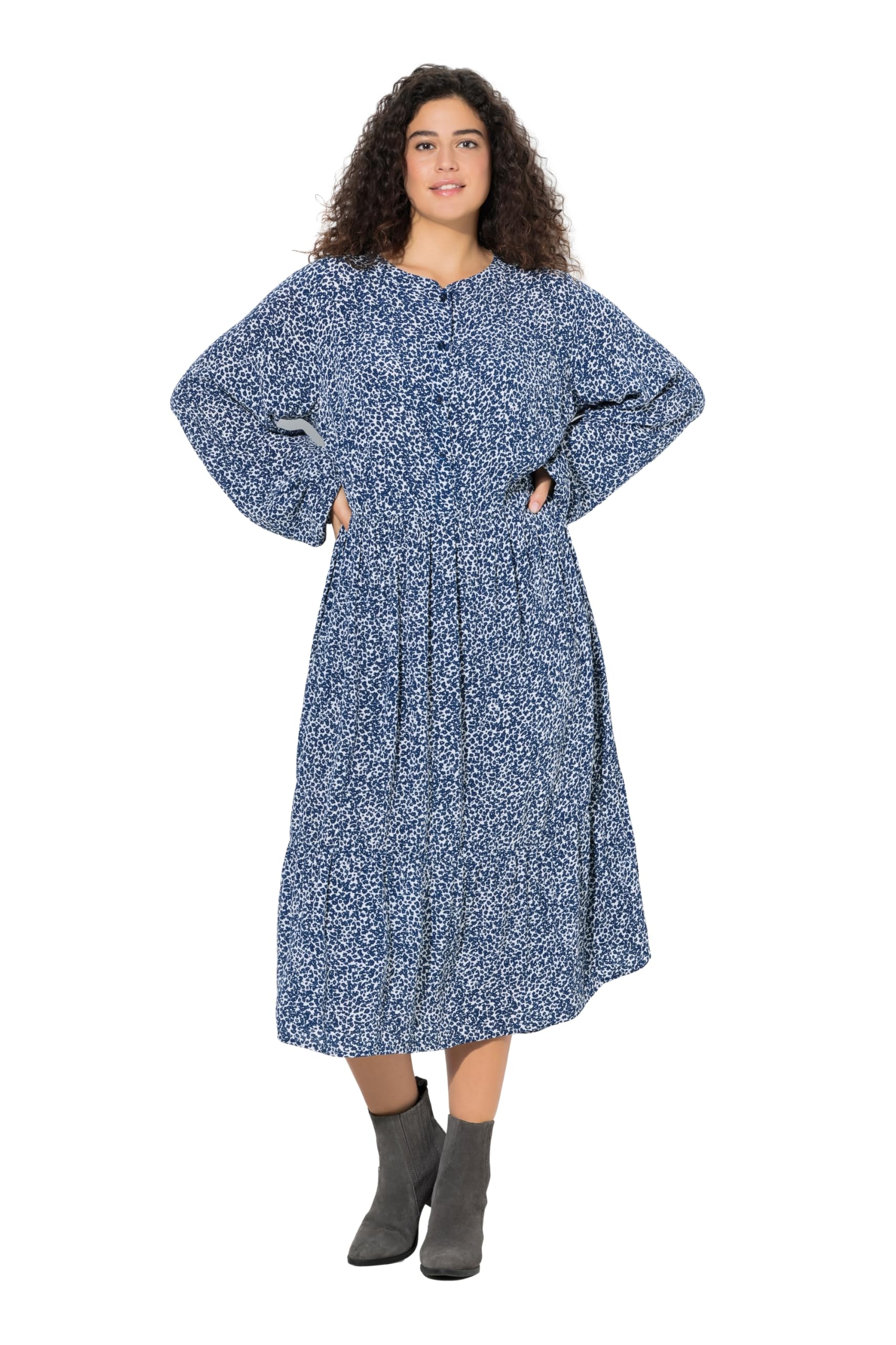 Ulla Popken Damen große Größen Übergrößen Plus Size Midikleid, A-Linie, Rundhals, Langarm, Krepp 844594