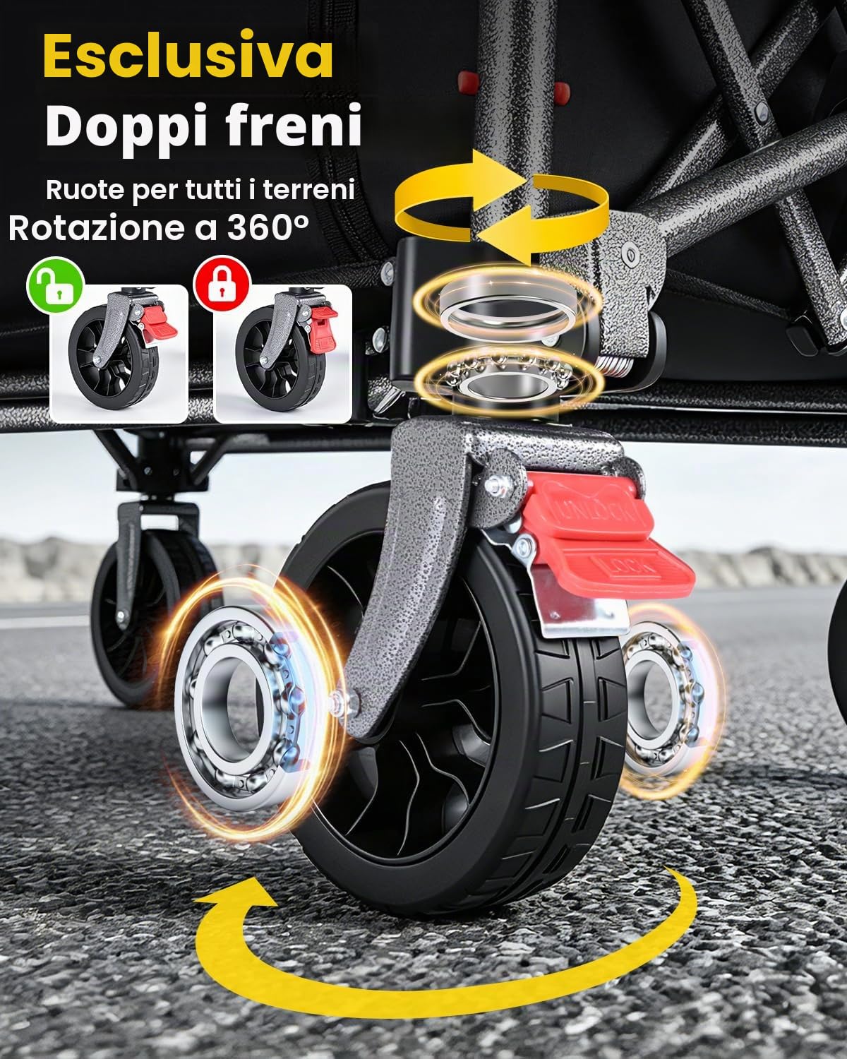 YEAUPE PRO Carrello con Ruote Portatile – 70L, 50kg carico max. – Pieghevole, con zip laterale, rete e manico telescopico – Ideale per campeggio, ufficio e casa – Nero Carbone