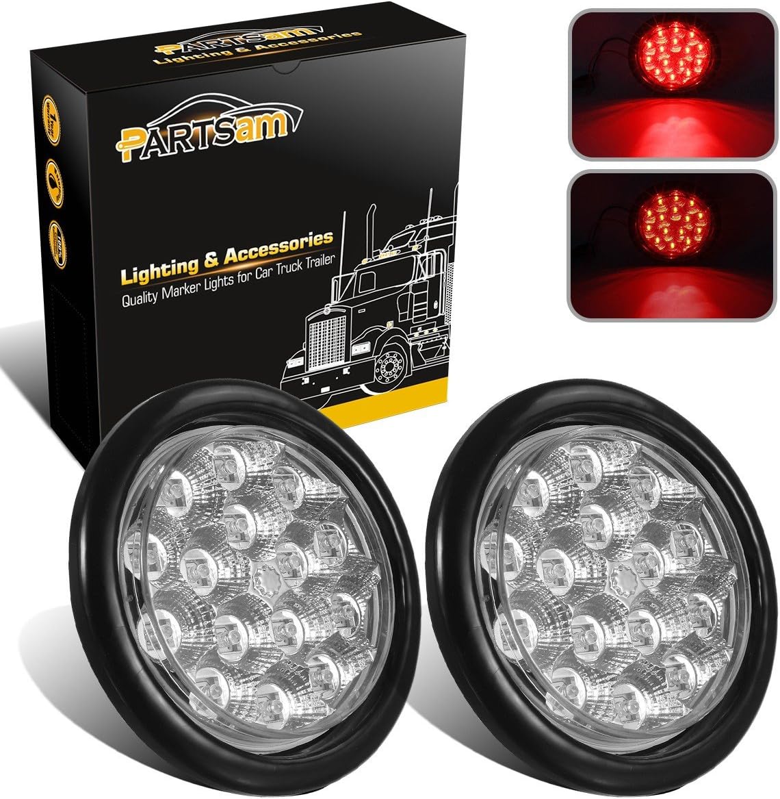 Partsam 4" Red Round Sealed Led Trailer Stop/Turn/Brake Tail Light 15 Diodes Clear Lens, Grommet Mount Mini-Reflex faceted reflector design, Hardwired for trailers less than 80" wide (2pcs)