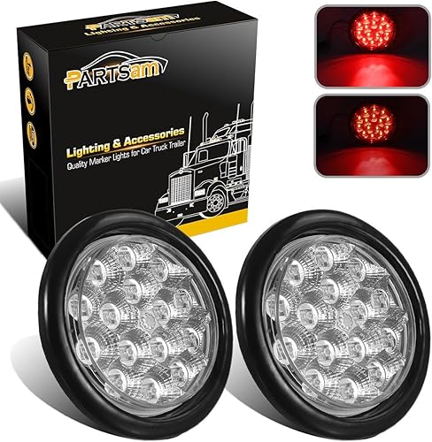 Partsam Luz trasera LED sellada redonda roja de 4 pulgadas, luz trasera de freno/giro/freno de 15 diodos, lente transparente, diseño reflector