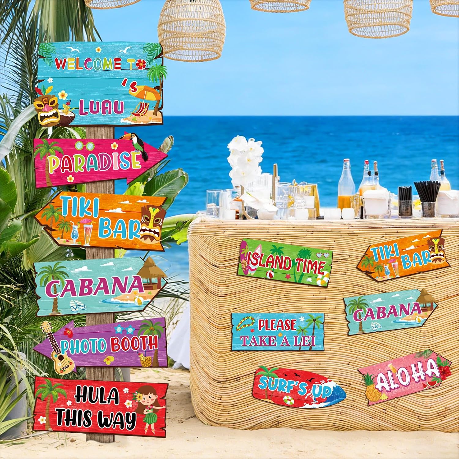 24 PCS Luau Birthday Party Welcome Sign Hawaiian Summer Tropical Party Welcome Directional Signs for Tropical Hawaiian Luau Themed Birthday Photo Props Wedding Party Supplies