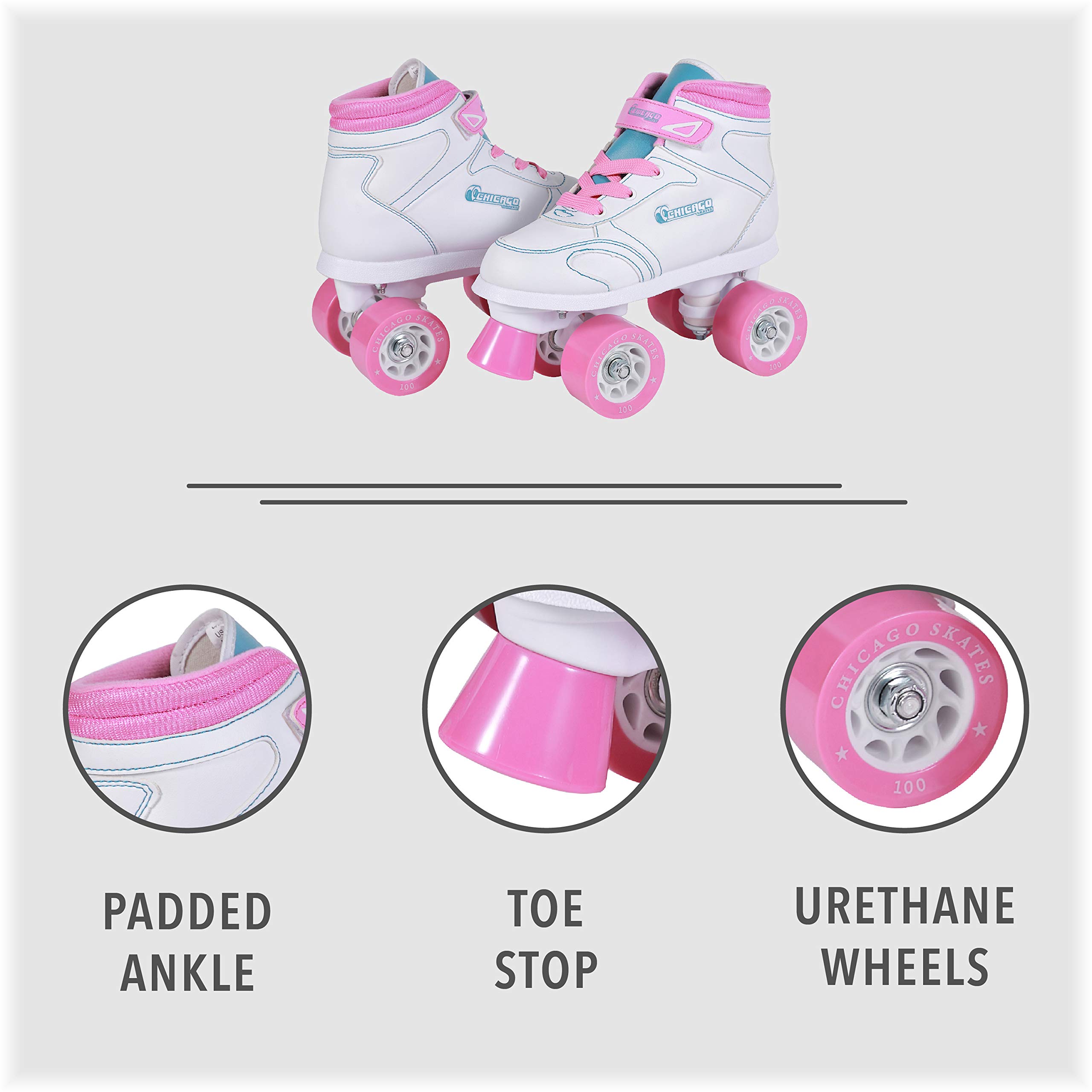 Chicago Girls Sidewalk Roller Skates – White Youth Quad Skates, High-Top Design, Beginner-Friendly, Durable Polyurethane Wheels, Indoor & Outdoor Use