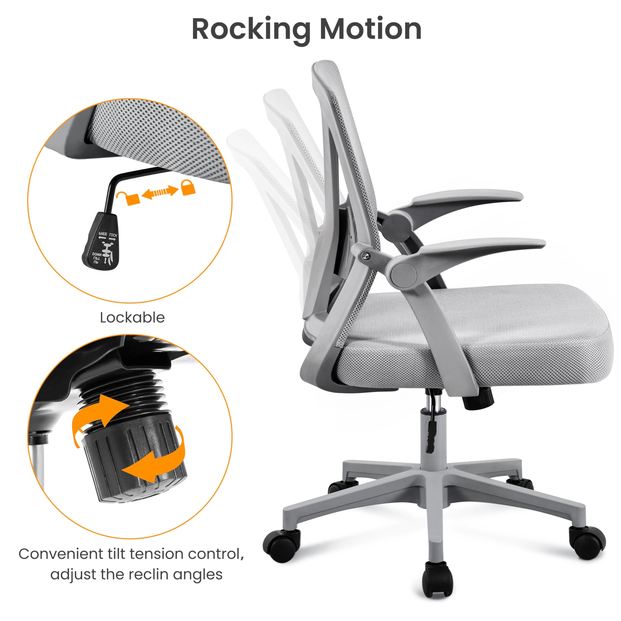 Yaheetech Bürostuhl Schreibtischstuhl mit hochklappbare Armlehnen, Drehstuhl aus Mesh, Office Chair Ergonomic, erstellbaren Lendenwirbelstütze, Wippfunktion, höhenverstellbar Grau