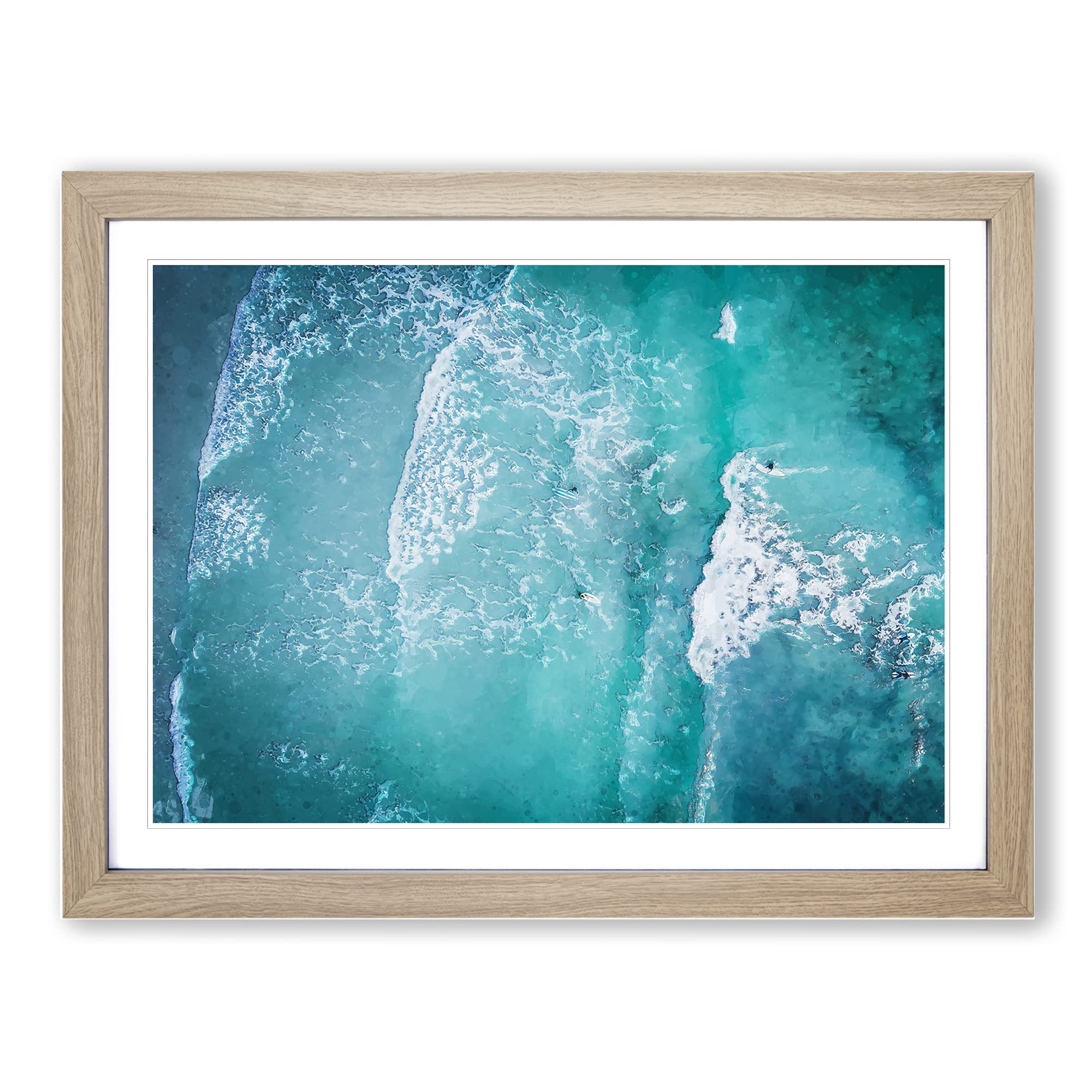 Surfing In Vazon Guernsey Modern Art Framed Wall Art Print, Ready to Hang Picture for Living Room Bedroom Home Office Décor, Oak A2 (64 x 46 cm)