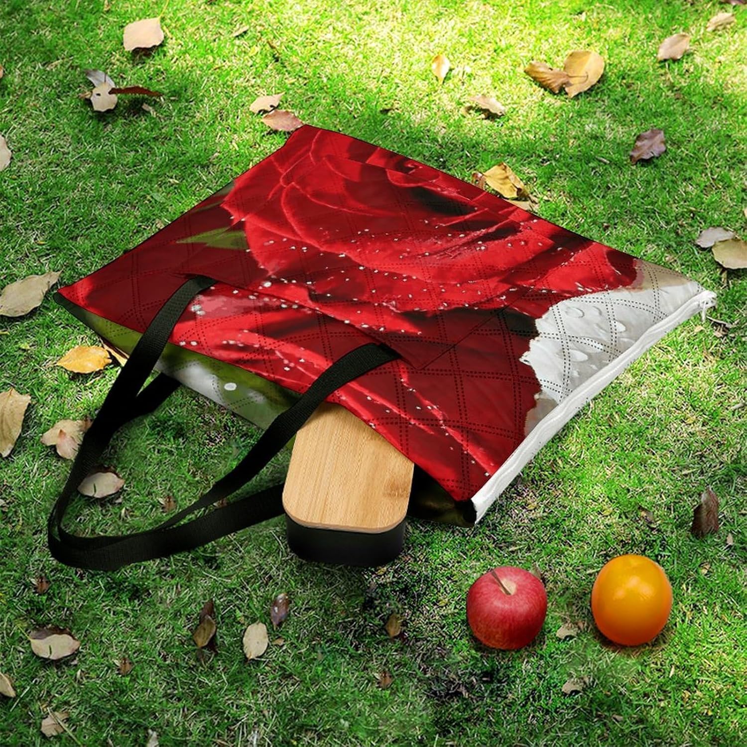 Floral White Rose Red Picnic Blanket with Zipper Water Resistant Sand Free Picnic Mat Washable Foldable Easy Carry Beach Blanket for Lawn Beach Hiking Camping