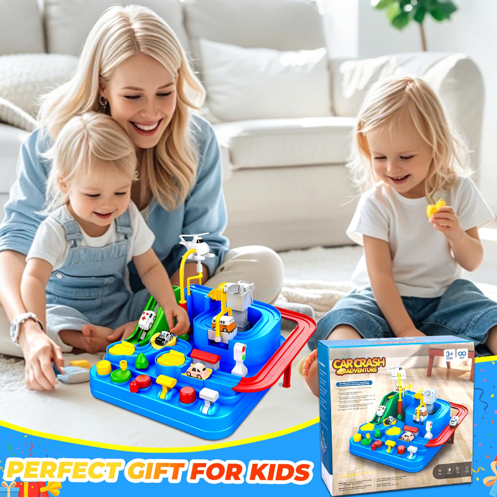 XUNIVERS - Giocattoli d'avventura in auto, pista per auto, giocattoli d'avventura, giocattolo educativo e interattivo, giochi Montessori per bambini e ragazze, regalo con elicottero