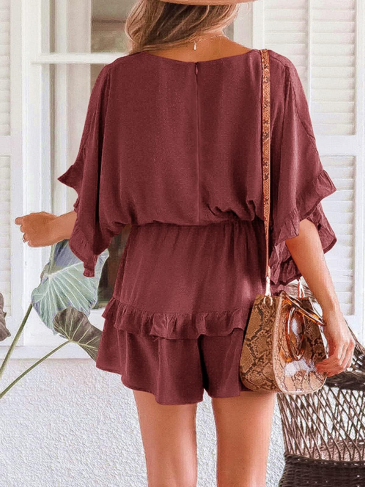 Imily Bela Combinaison pour femme, col en V, manches chauve-souris, avec cordon de serrage, robe d'été ample