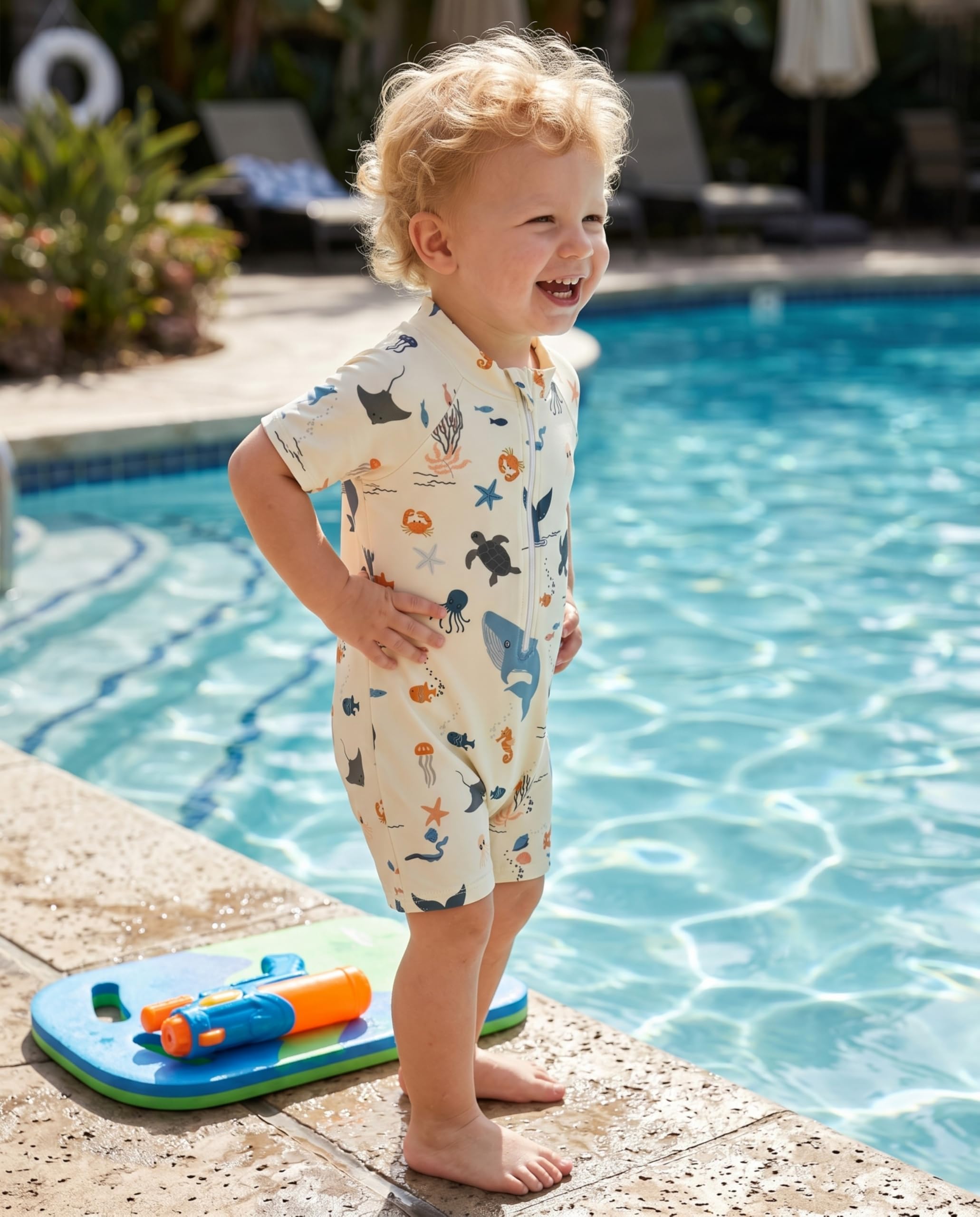 WYTbaby Maillot de bain pour bébé - Vêtement UV - Une pièce - Manches courtes - Protection UV - Pour bébé garçon - Avec chapeau de soleil