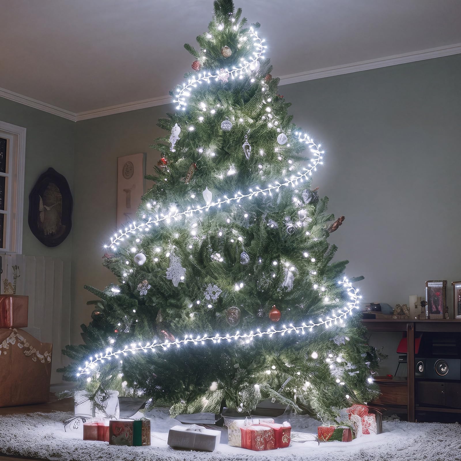 Mudder Guirlande lumineuse de sapin de Noël de 15 m avec anneau en fil métallique 300 LED 8 modes d'éclairage scintillant à piles pour sapin de Noël intérieur et extérieur (sans piles) (lumière