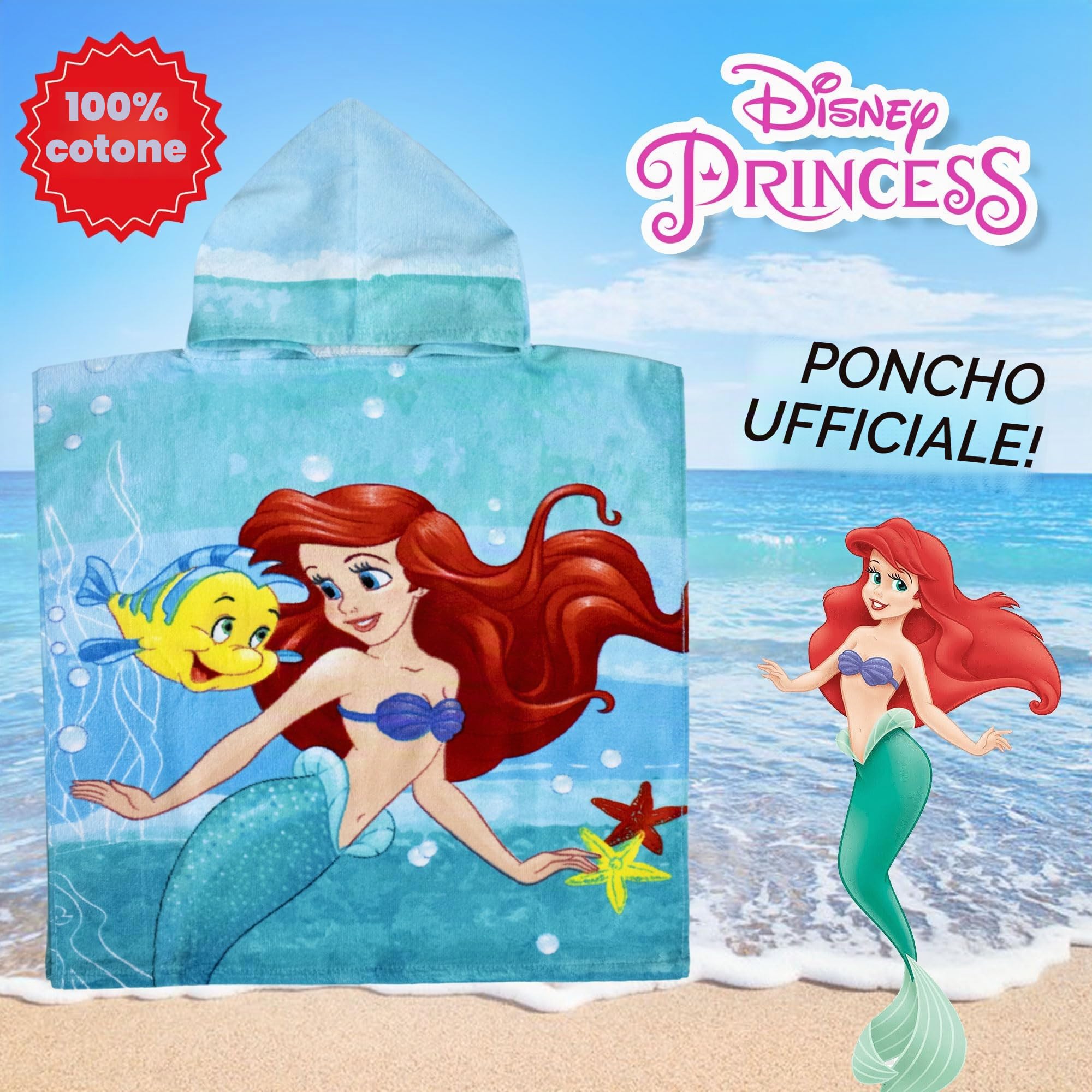 Jerry Fabrics Poncho mare La Sirenetta Ariel in cotone per bambina 50x115cm asciugamano 6801