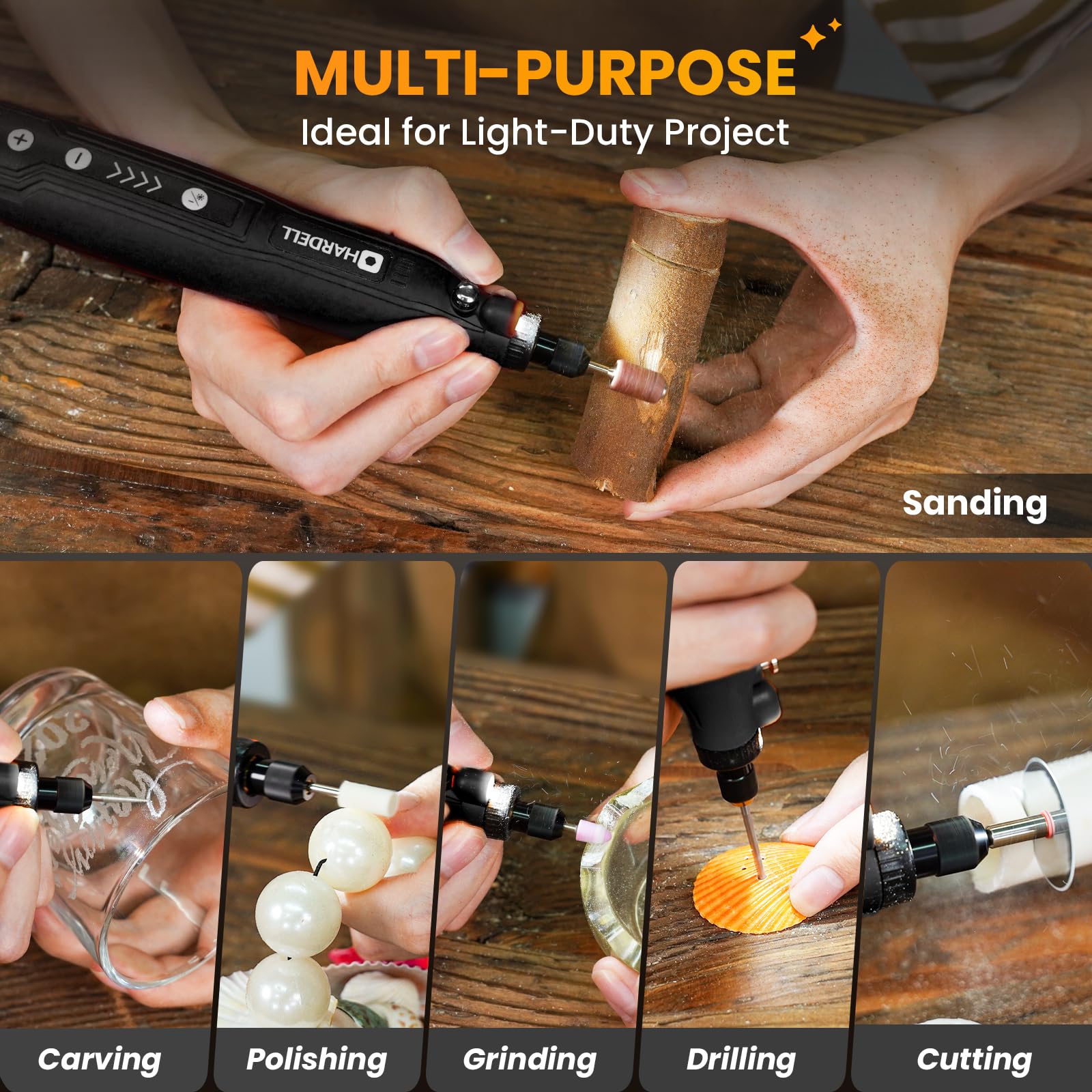 HARDELL Mini kit di utensili rotanti senza fili, 5 velocità e ricarica USB con 69 accessori, strumento rotante multiuso da 3,7 V per levigatura, lucidatura, foratura, incisione, incisione, artigianato