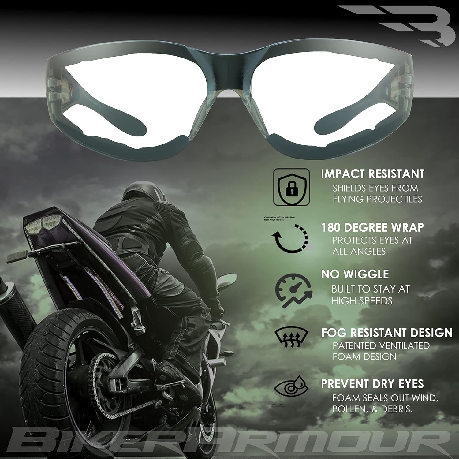 Bikershades Motorcycle Sunglasses Foam Padded with Flame design for Men for women - Free Microfiber Cleaning Case Dragster