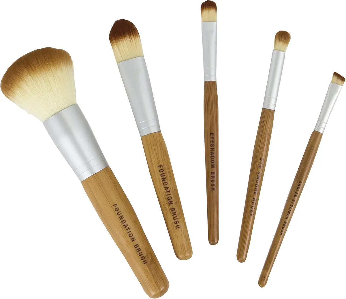 Bamboo Naturals Makeup Brushes, Natural Bamboo Handles, Includes Five Brushes: Powder Foundation and Liquid Foundation Brush, Eyeshadow Brush, Smudge Brush, Angled Eyeliner Brush, 11 x 1.3 x 7, 5 PC