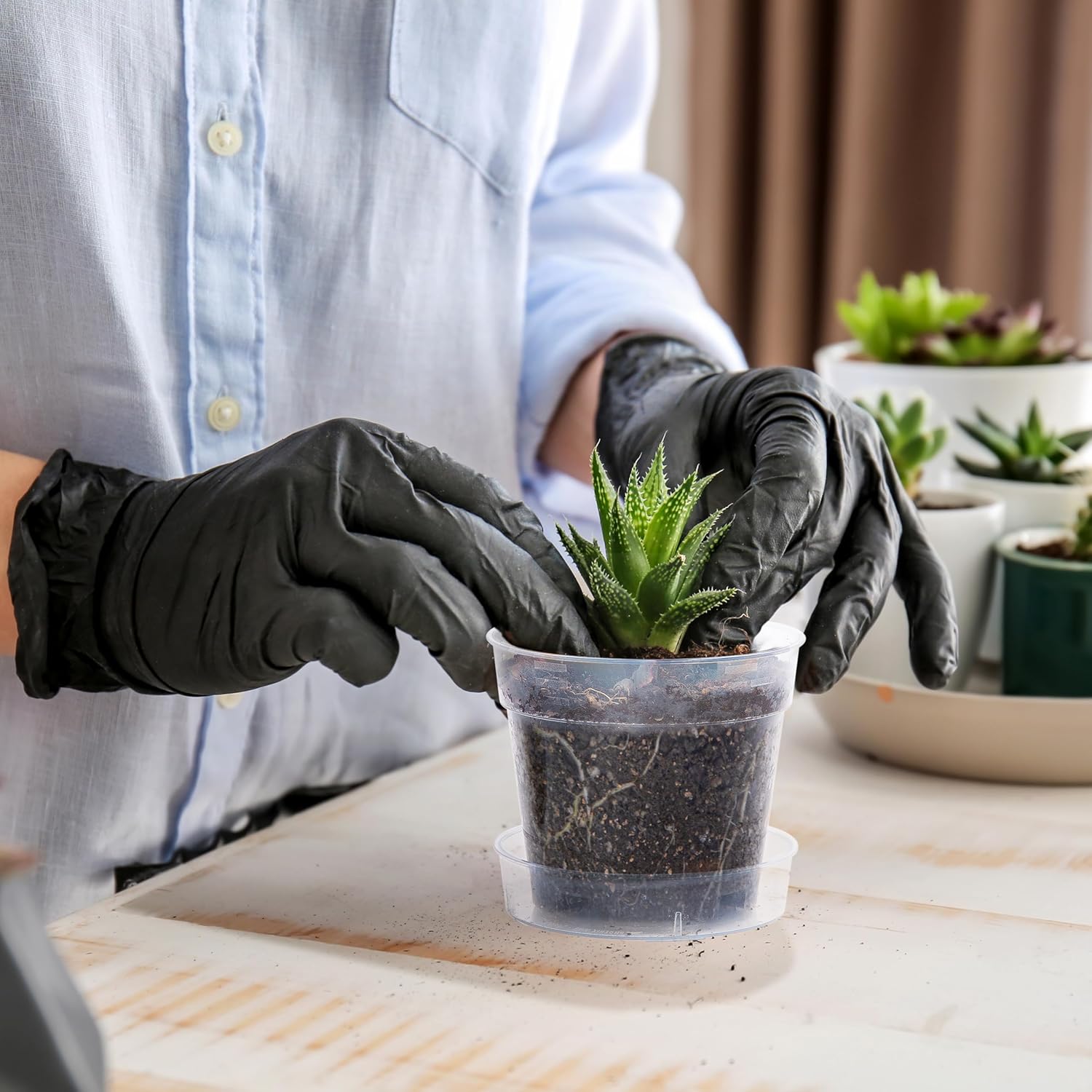 4 Inch Clear Plastic Plant Pot with Drainage Holes, Interlocking & Detachable Tray - Deep Saucer - Durable BPA-Free Plastic, Transparent Design, Raised Base for Airflow, Set of 12, 92-X-B-2