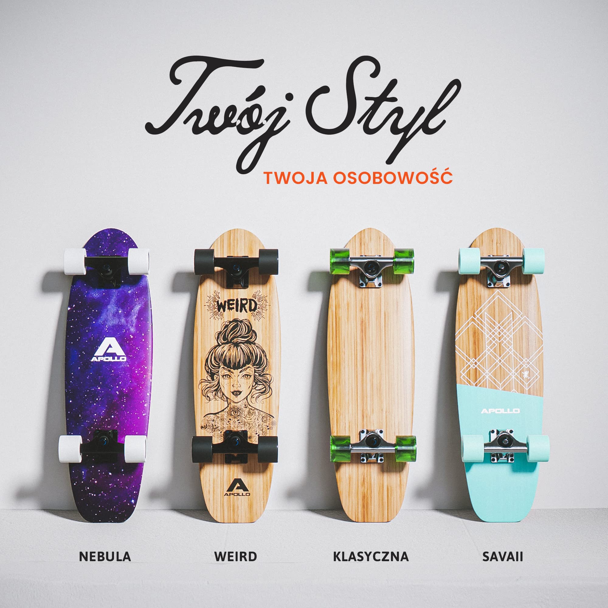 Apollo Mini longboard | Midi Cruiser jako kompletna deska, 70 cm (30 x 8), dwustronna mini longboard z drewna w stylu vintage, longboard dla dorosłych z łożyskami kulkowymi High Speed ABEC 9